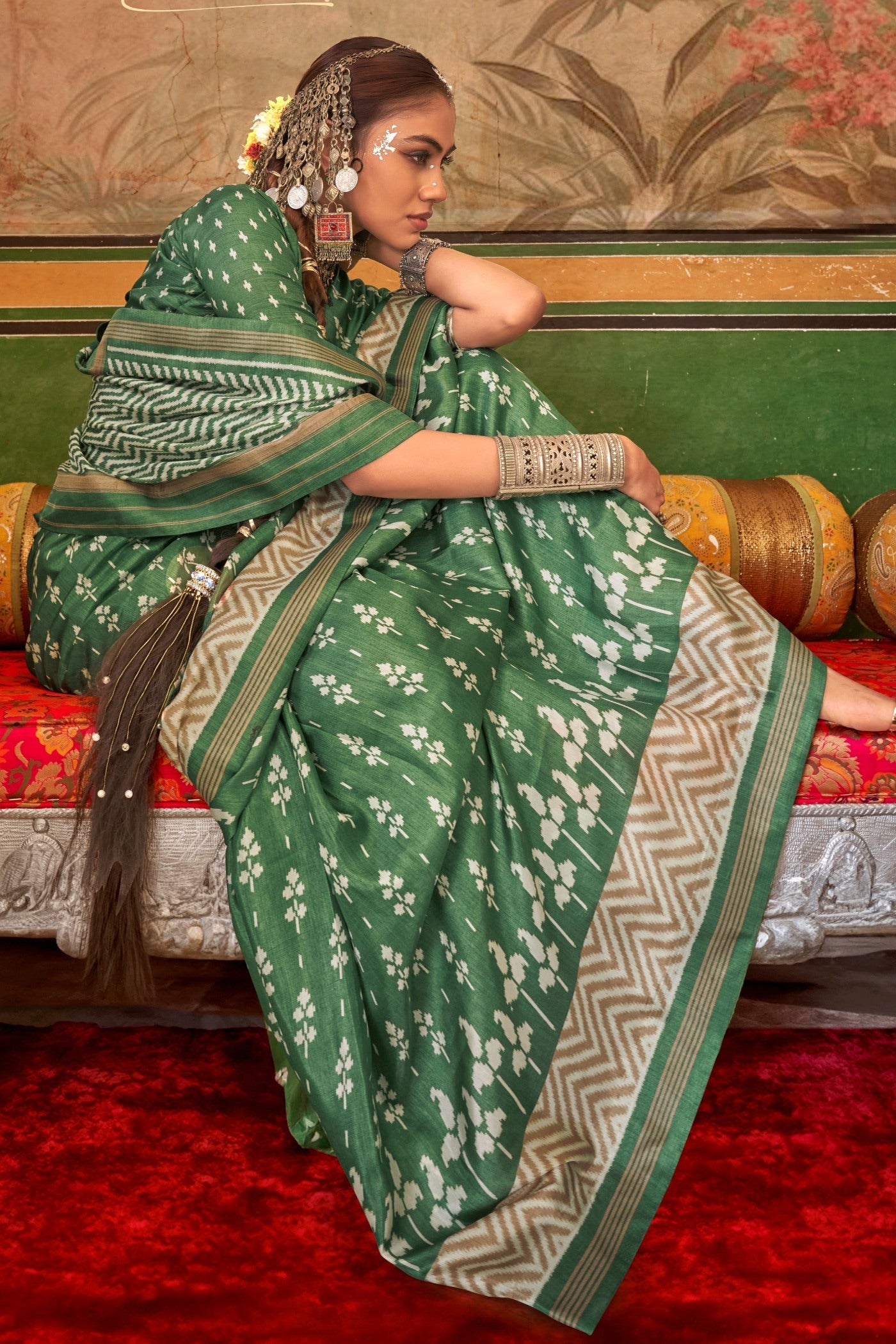 Camouflage Green Printed Patola Saree