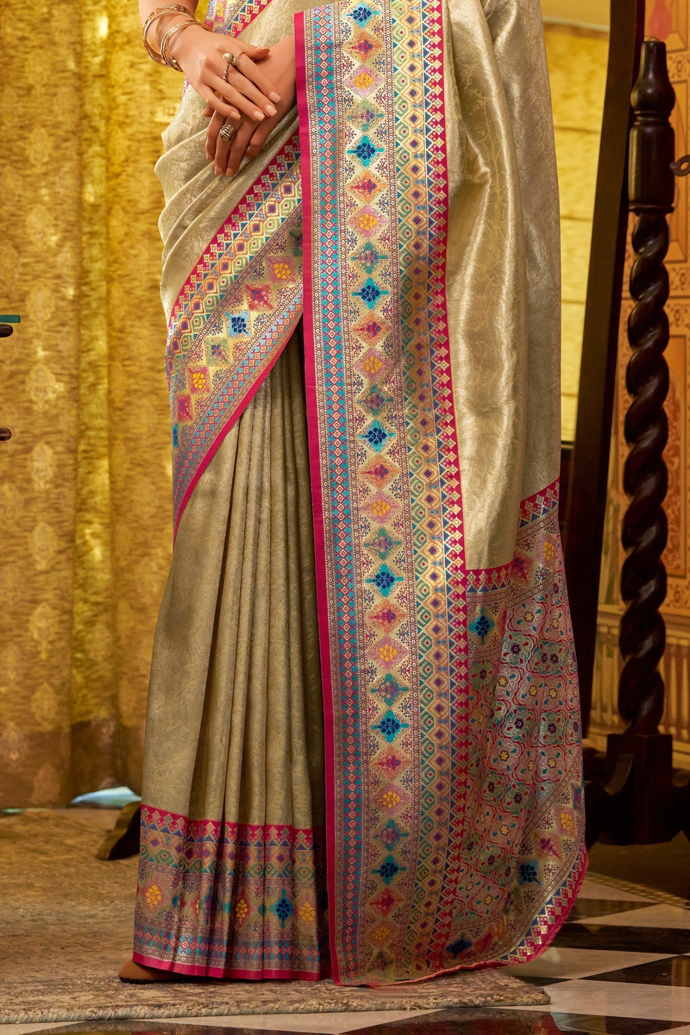 Apache Cream Woven Tissue Silk Saree