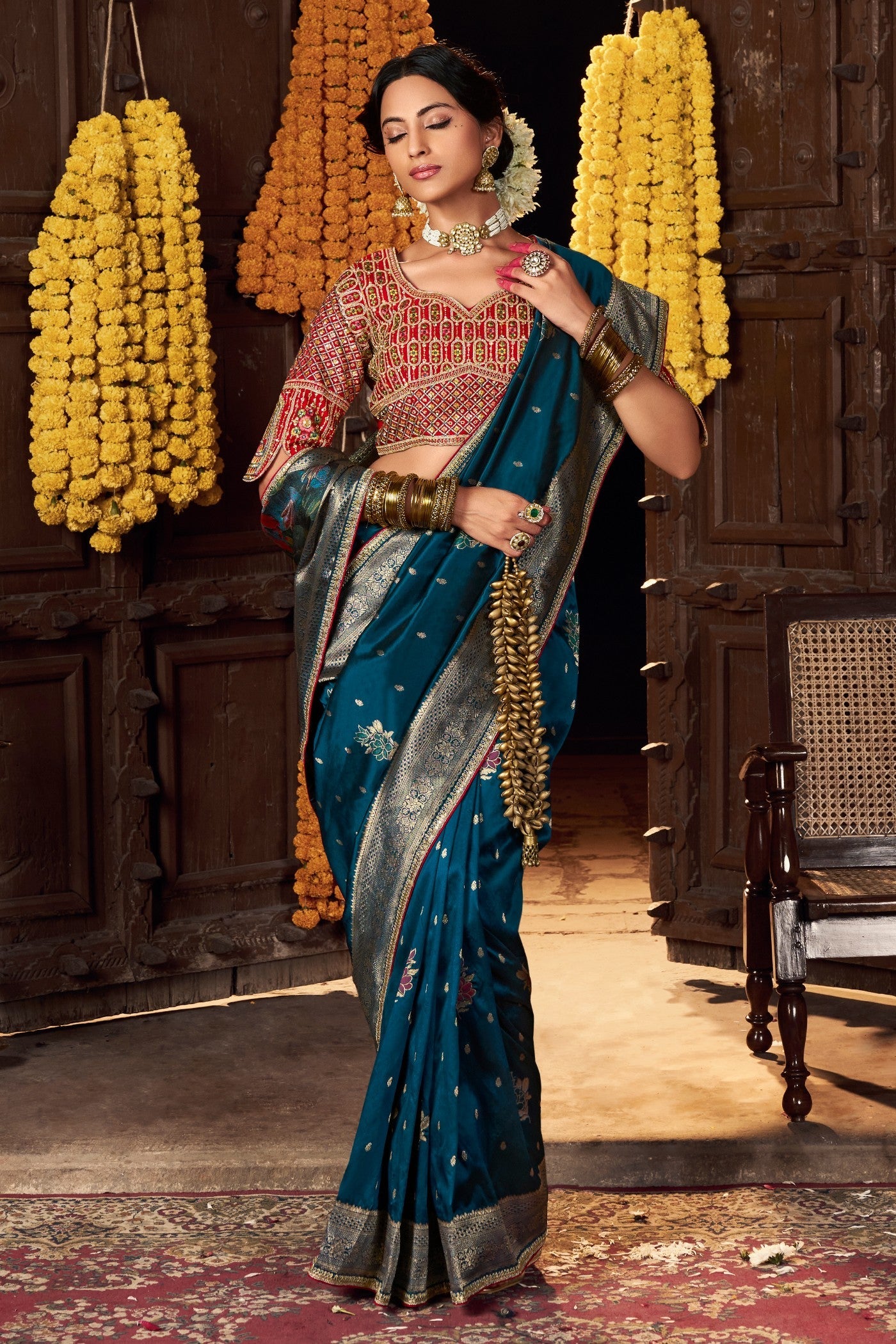 Elephant Blue Designer Banarasi Saree