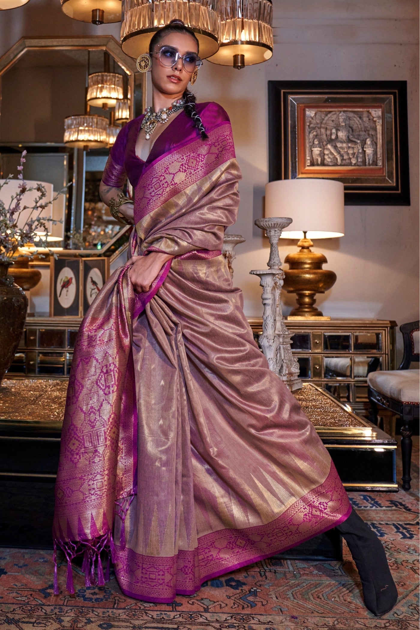 Rose Berry Purple Woven Tissue Silk Saree