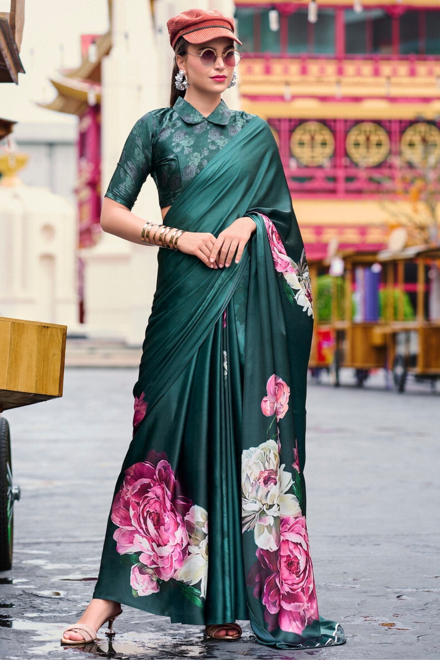 Firefly Green Printed Satin Crepe Silk Saree