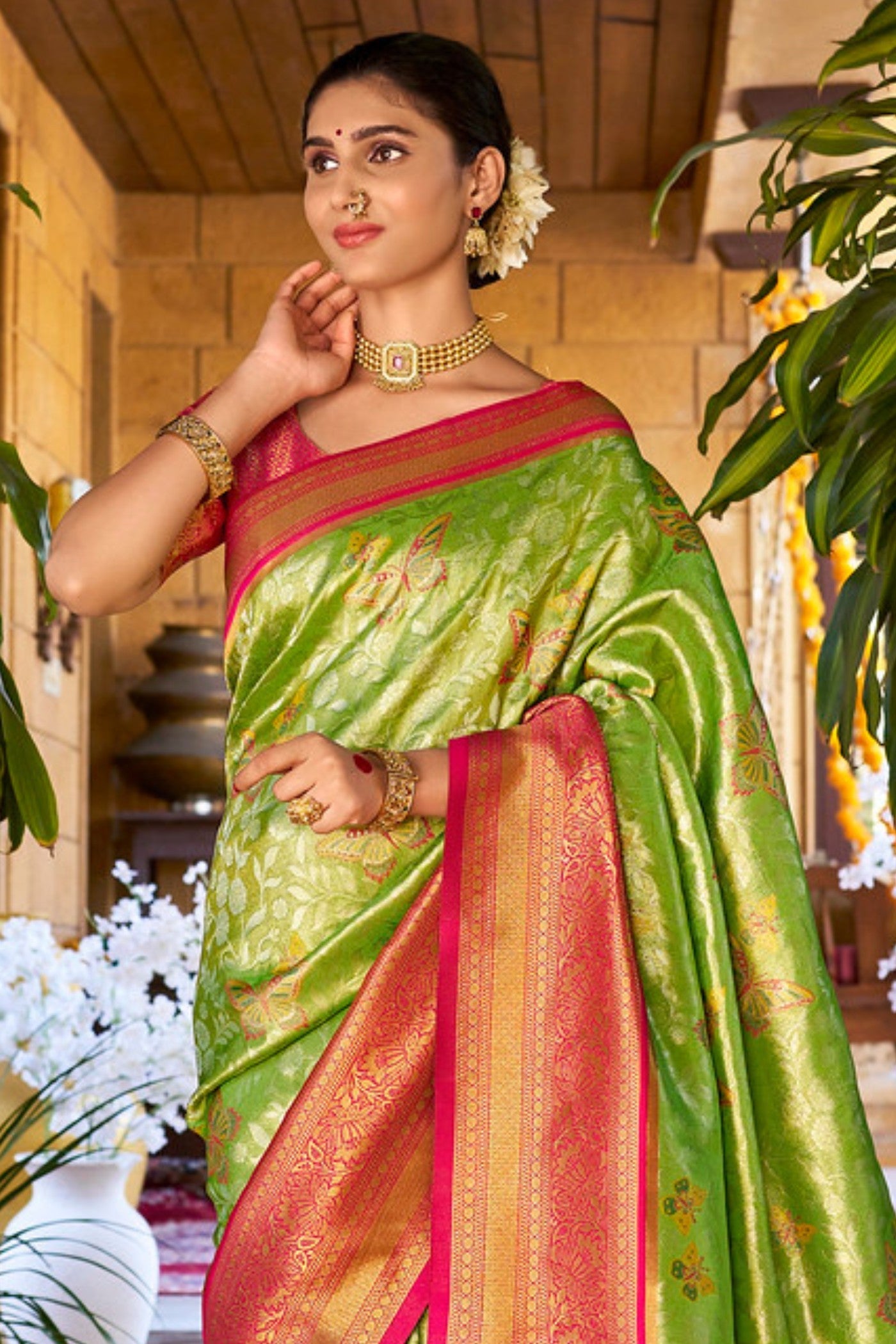 Peridot Green Woven Kanjivaram Saree