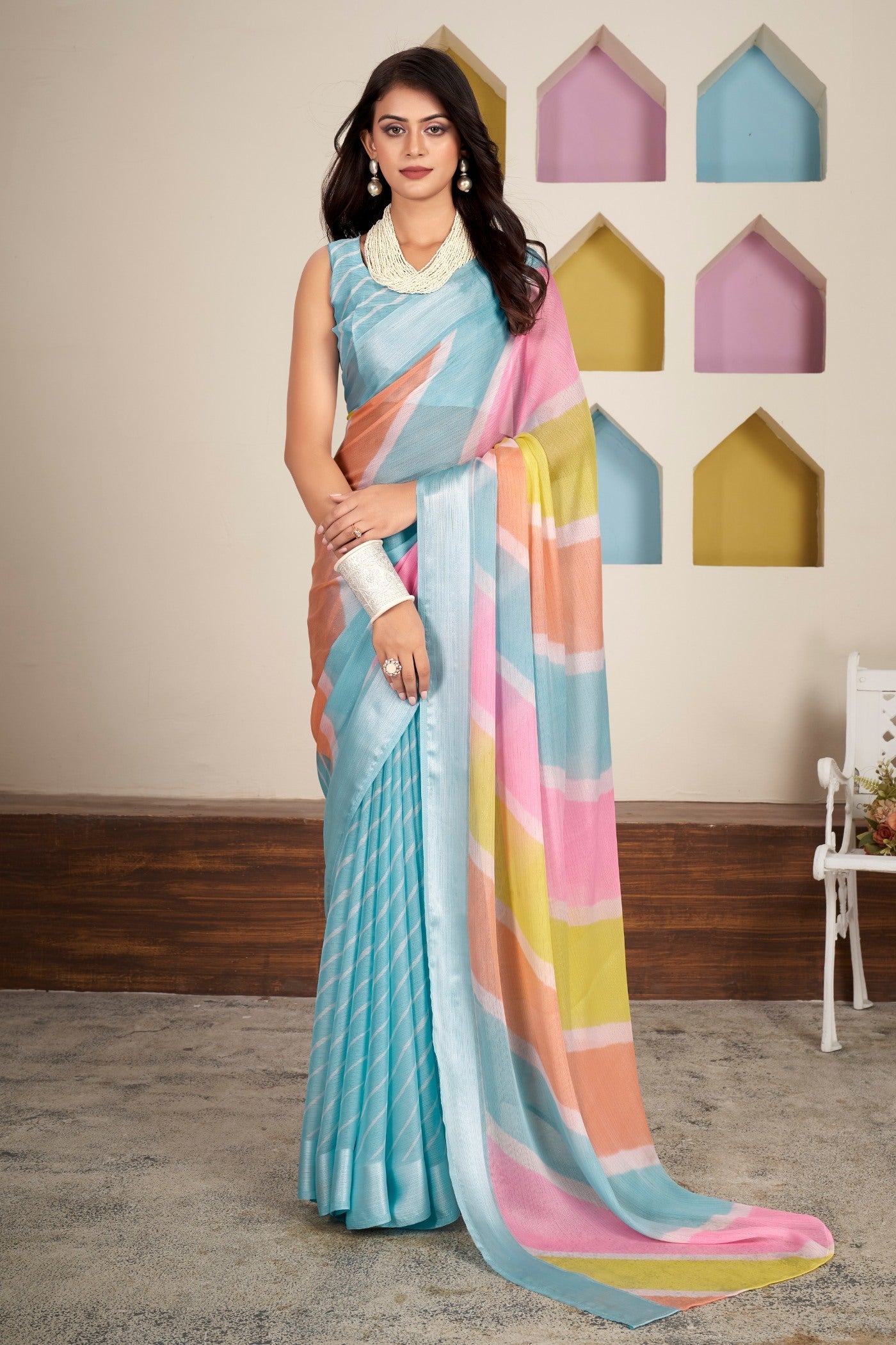 Whale Blue Printed Satin Silk Saree