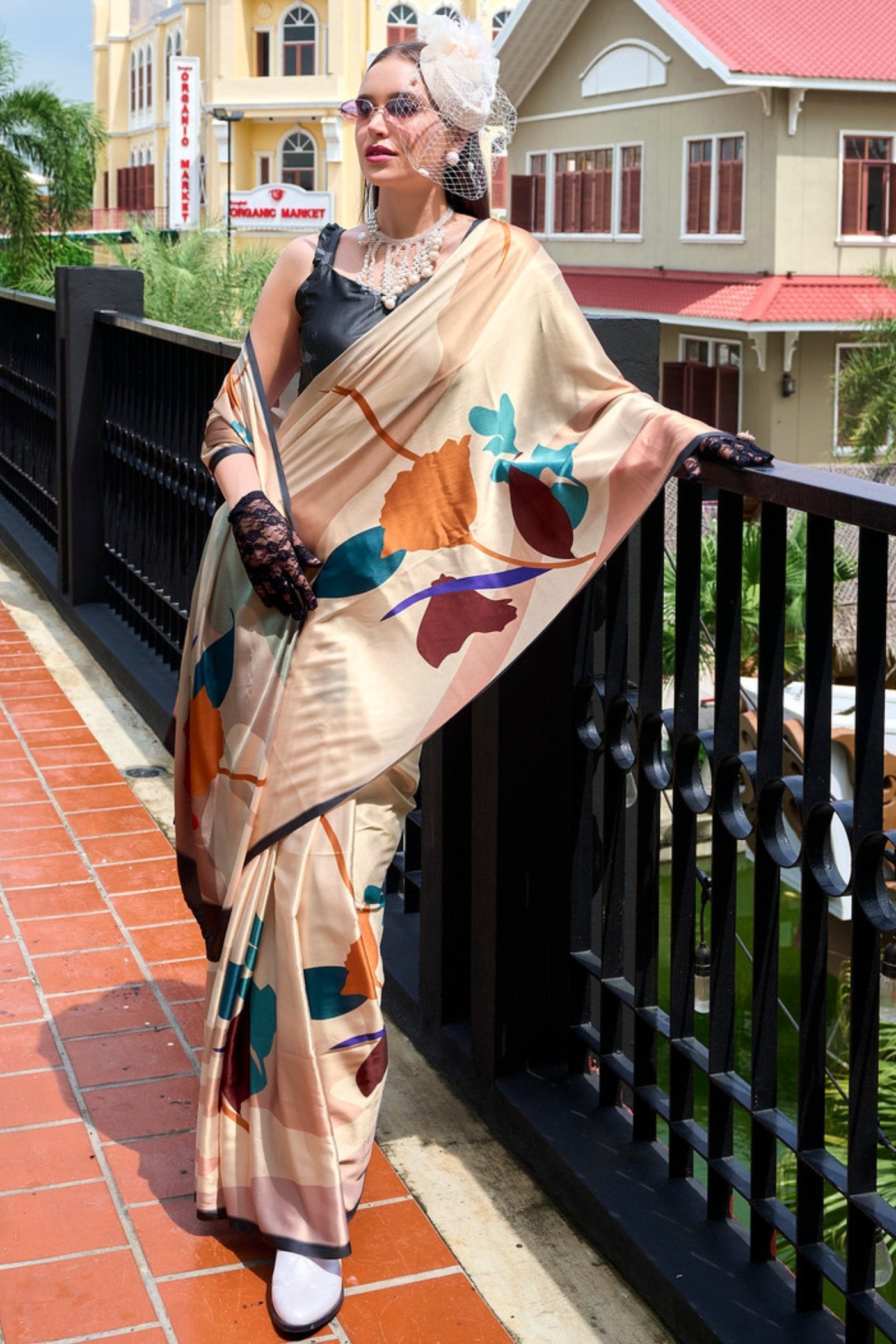 Sidecar Cream Printed Satin Crepe Silk Saree