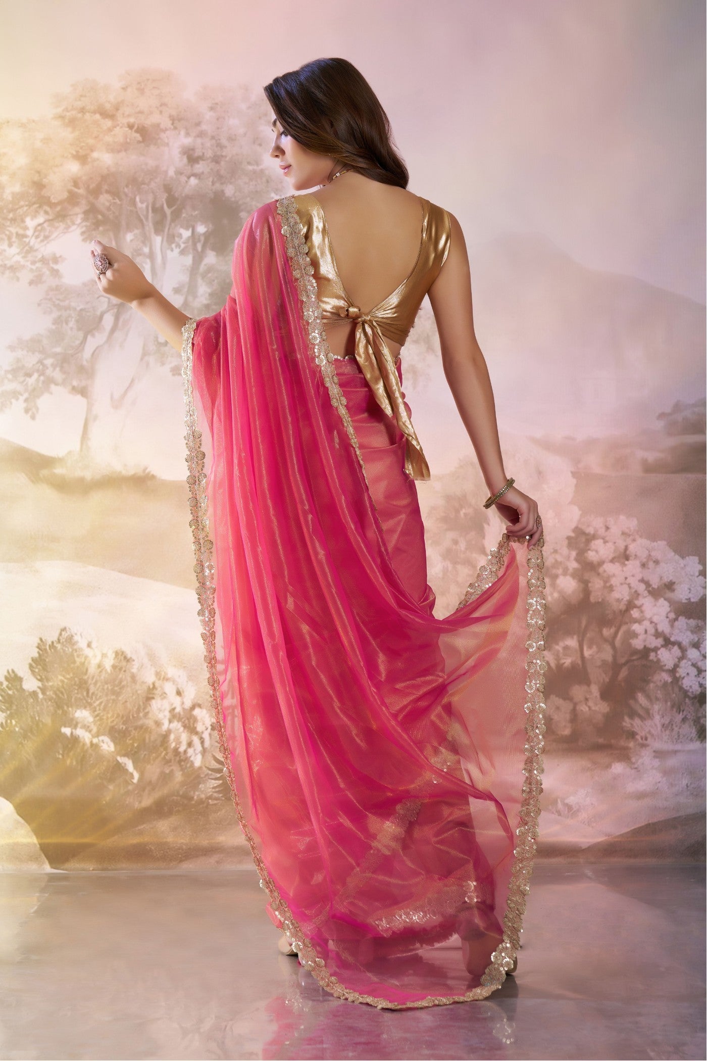 Dusty Pink Partywear Net Saree