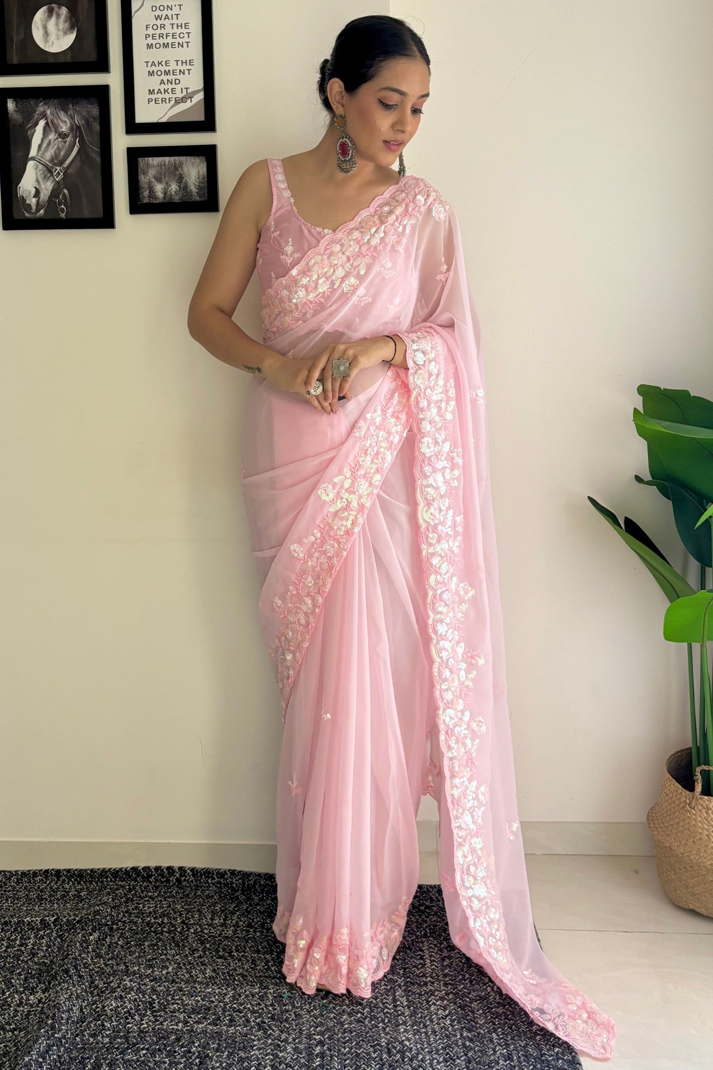 Rose Fog Pink Embroidery Georgette saree