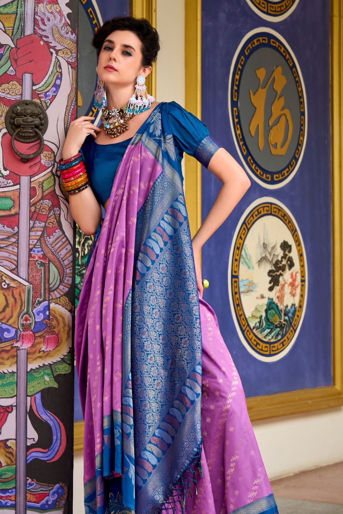 Shocking Pink and Blue Banarasi Soft Silk Saree