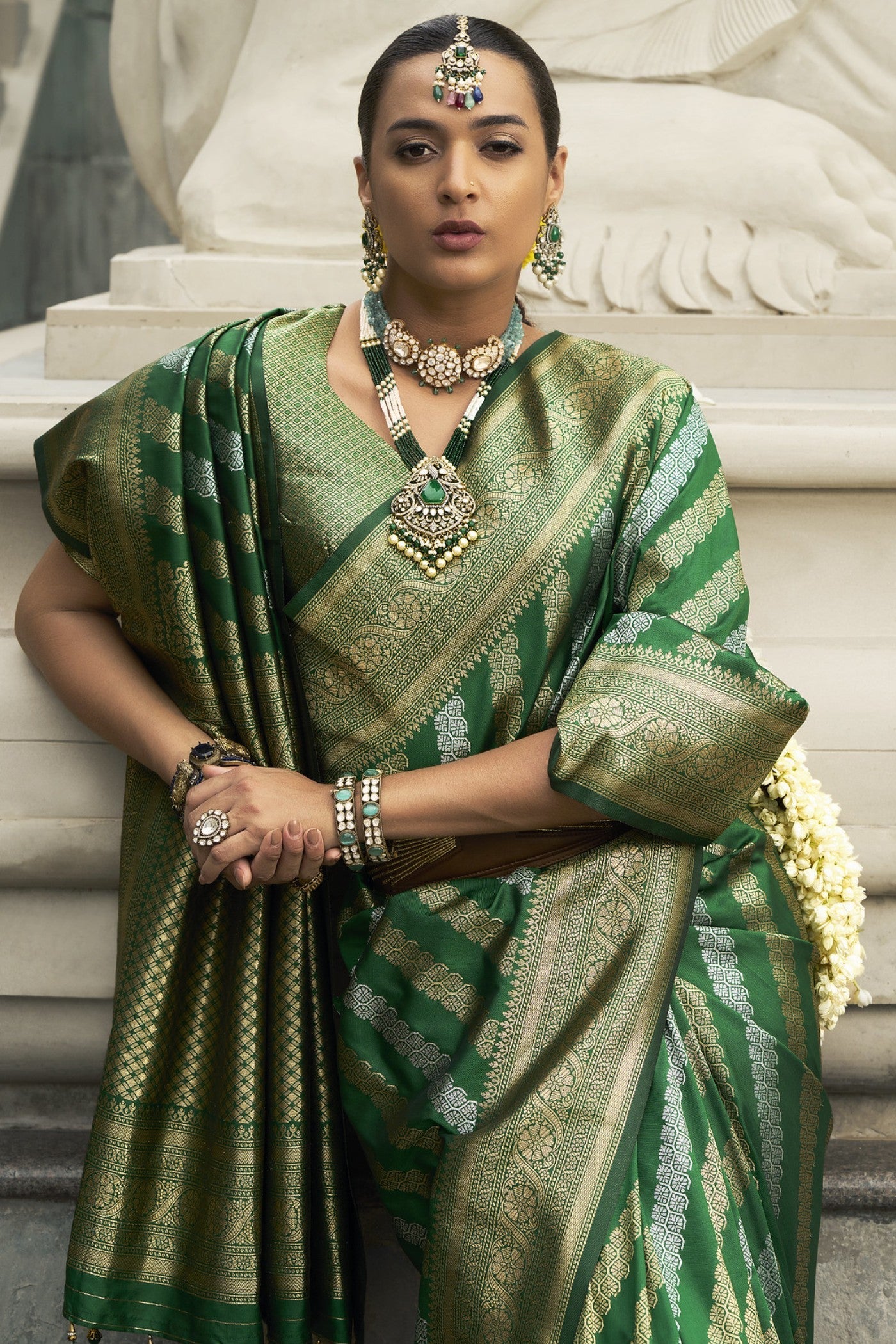 Gray Asparagus Green Woven Banarasi Saree