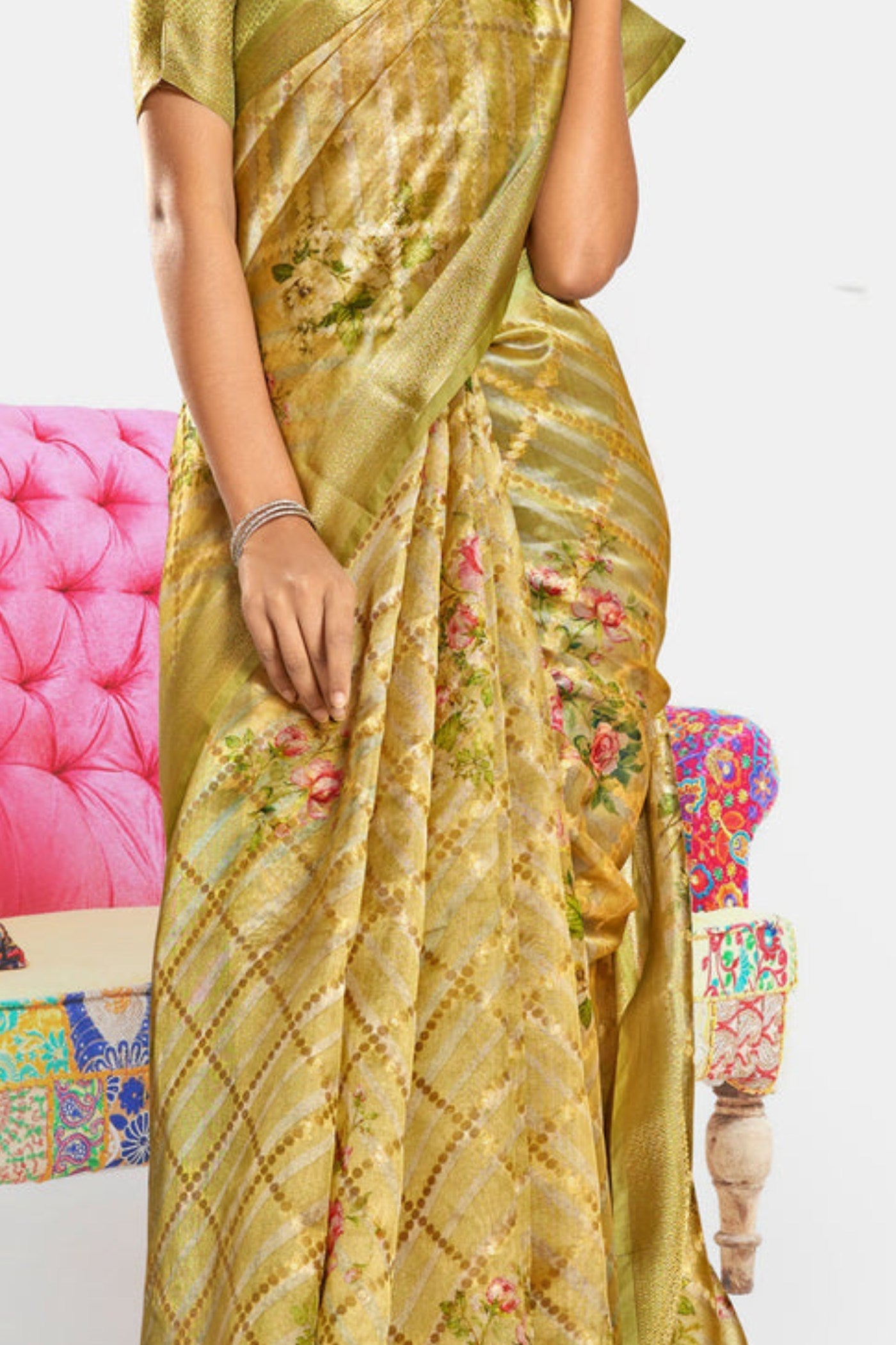 Tulip Yellow Digital Printed Banarasi Saree