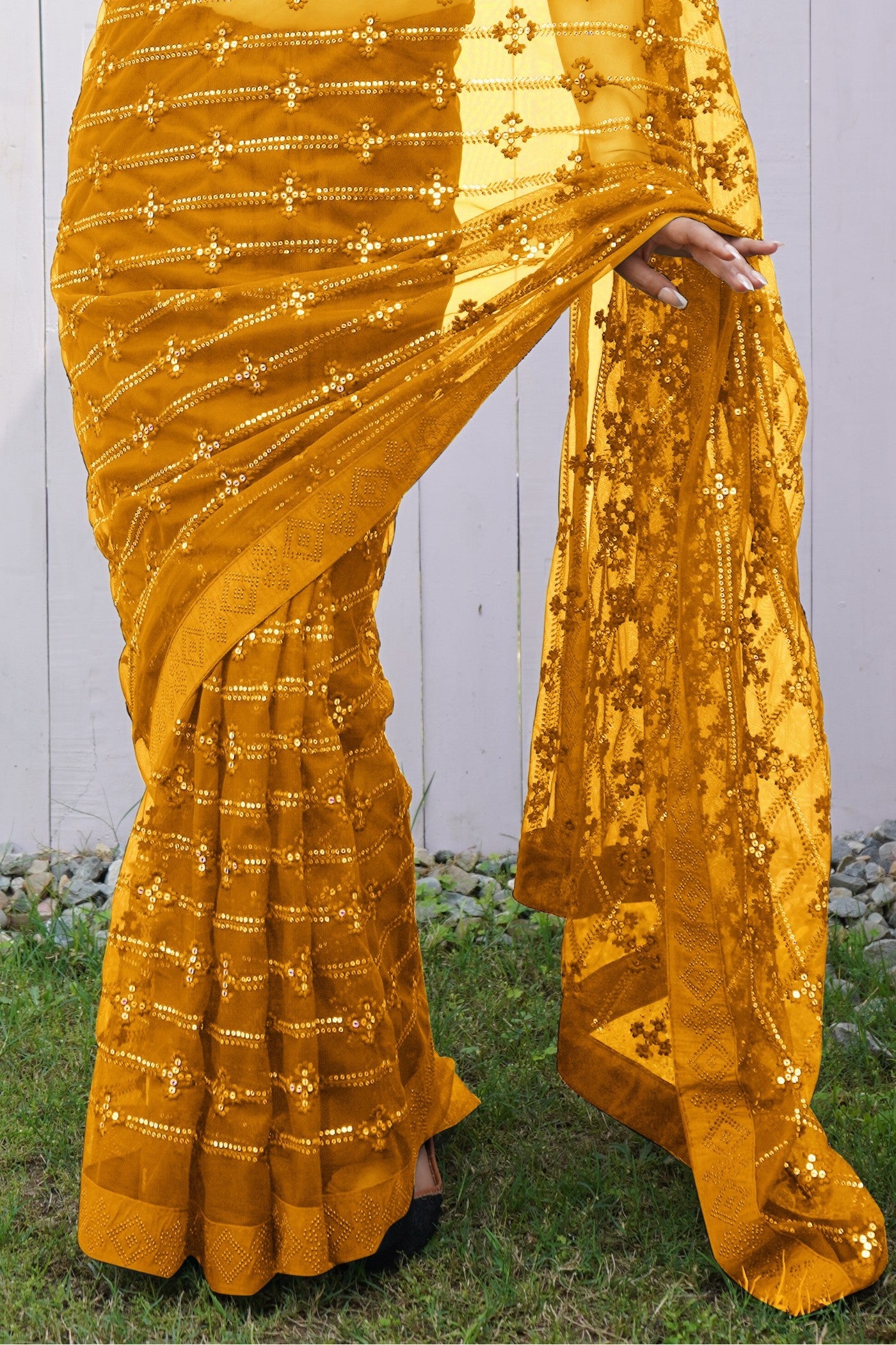 Amber Yellow Embroidered Partywear Saree