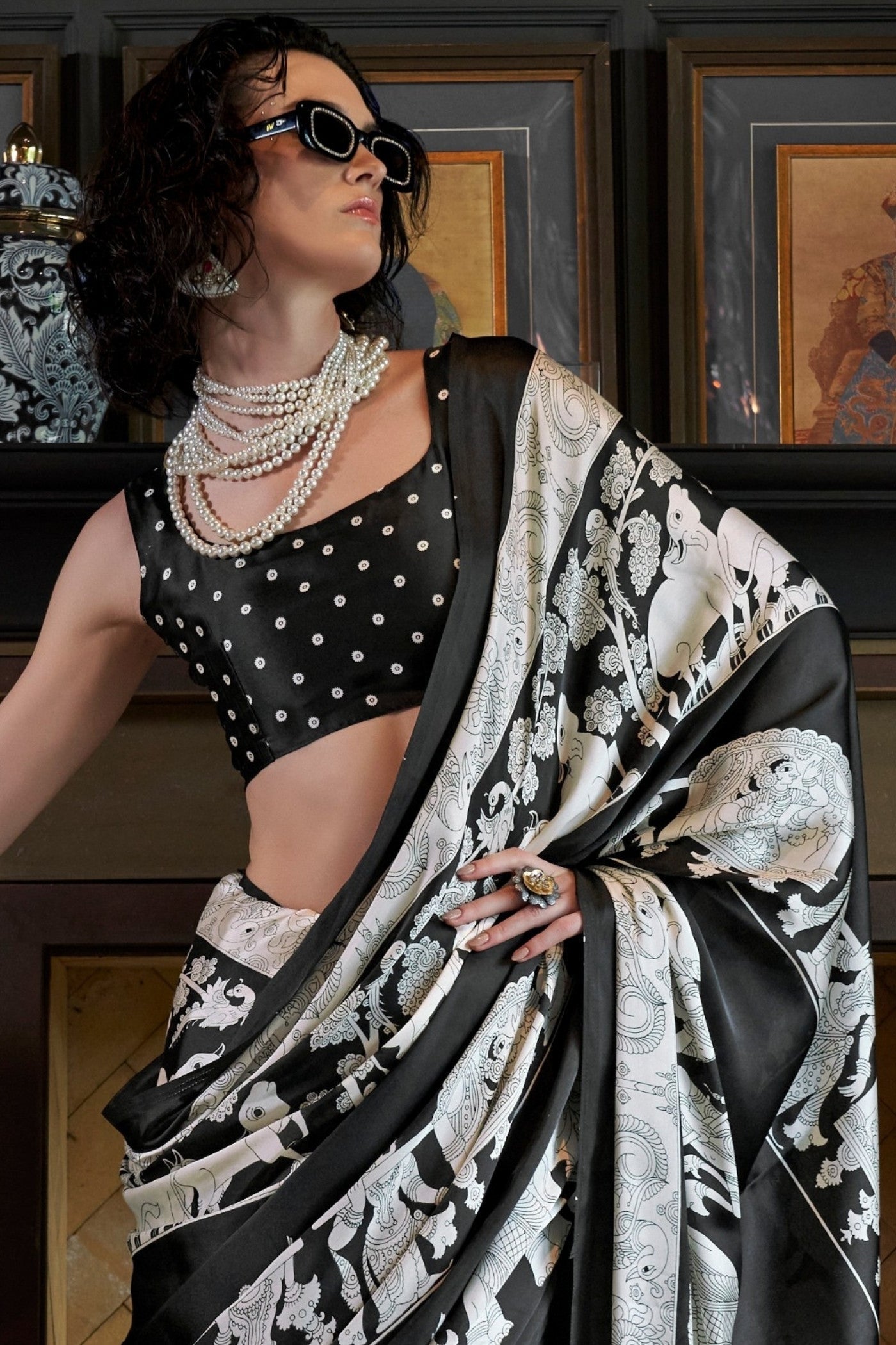 Asher Black and White Patola Printed Satin Crepe Saree