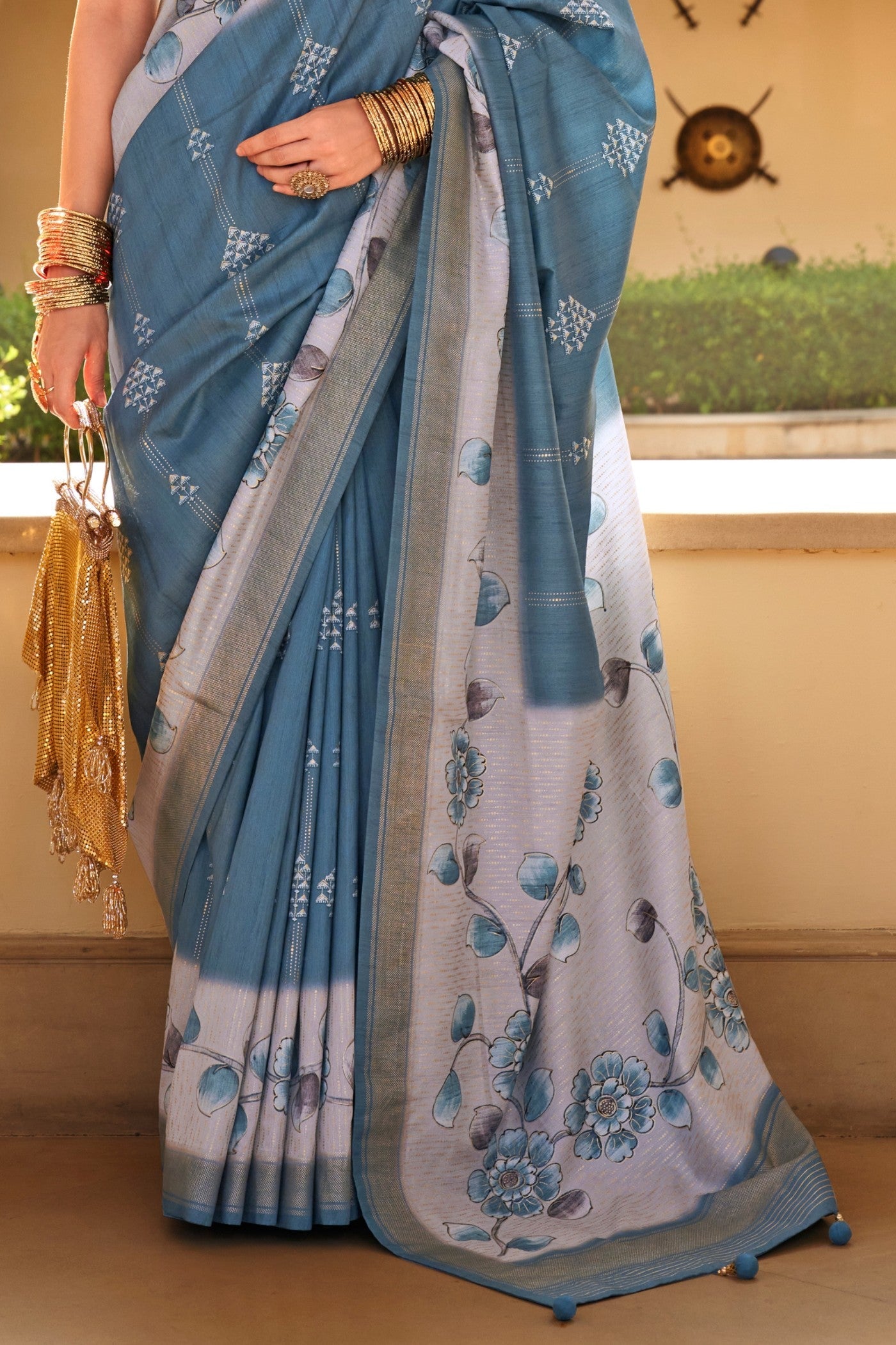 Pewter Blue Floral Printed Banarasi Saree