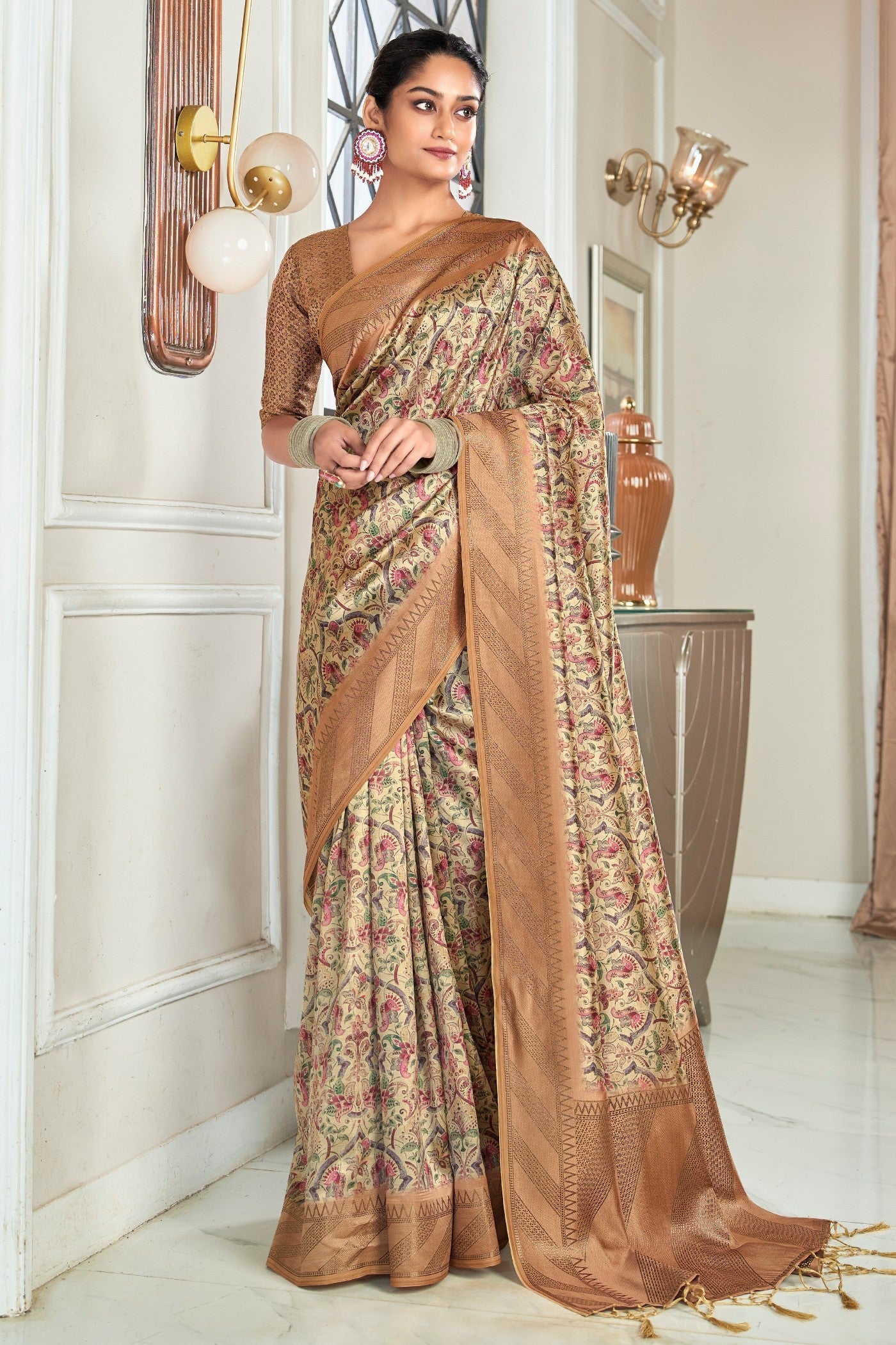 Cameo Cream and Brown Digital Printed Banarasi Saree