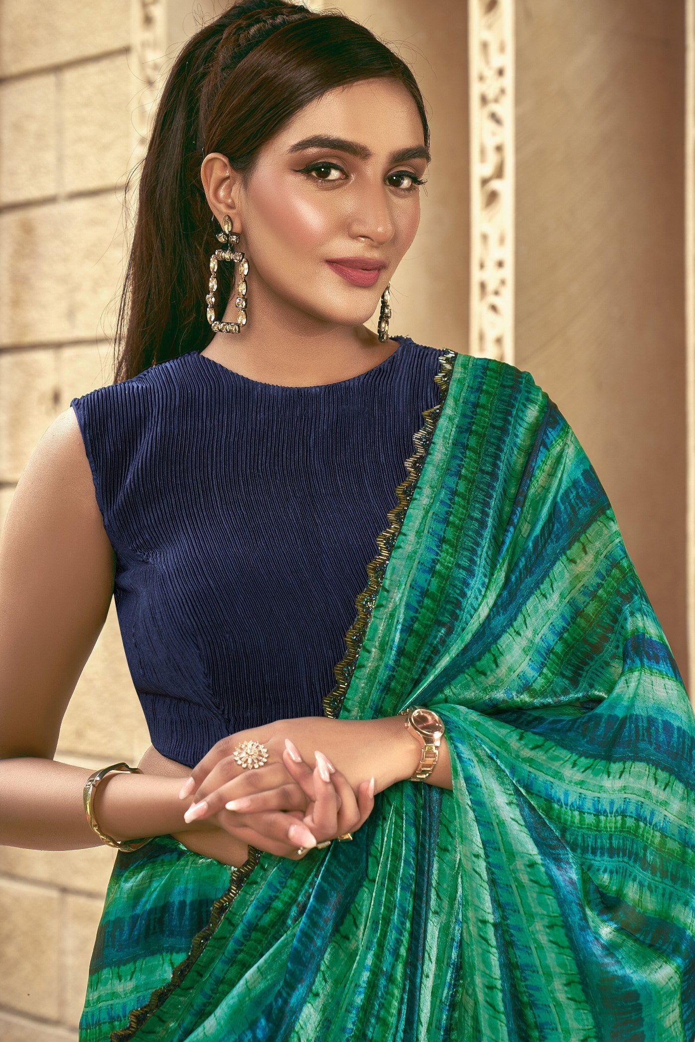 Amrapali Green Satin Printed Silk Saree