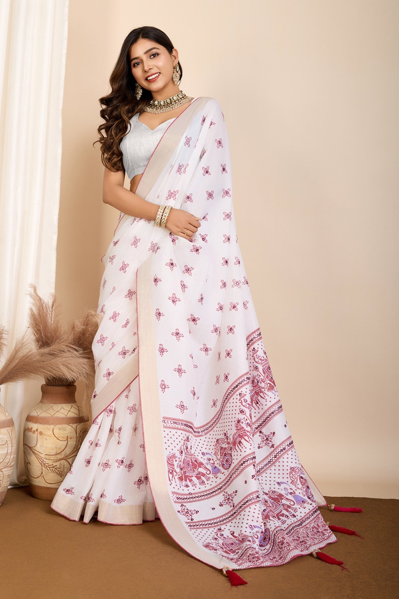 Alice White and Pink Printed Cotton Designer Saree