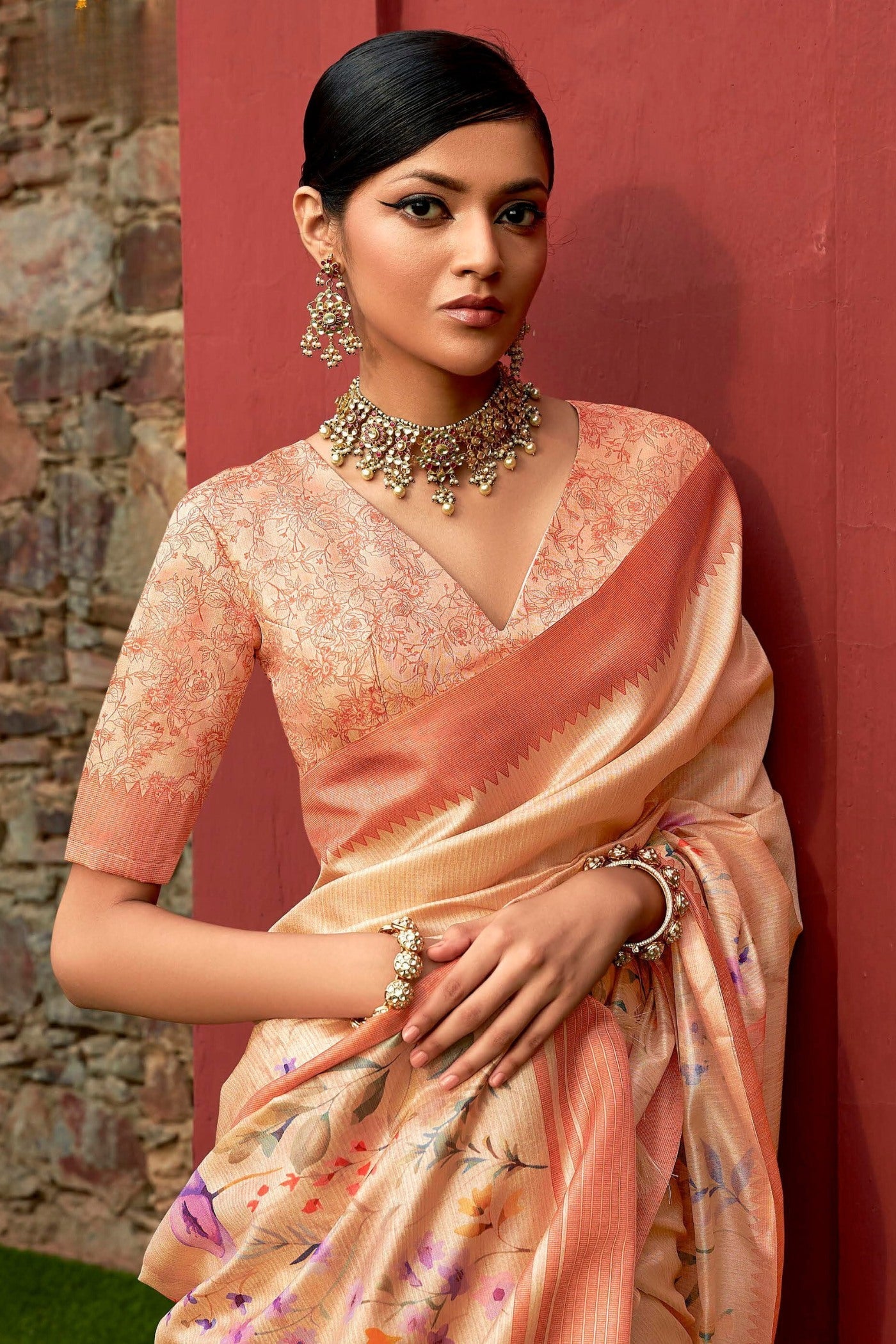 Peach Orange Digital Printed Banarasi Saree