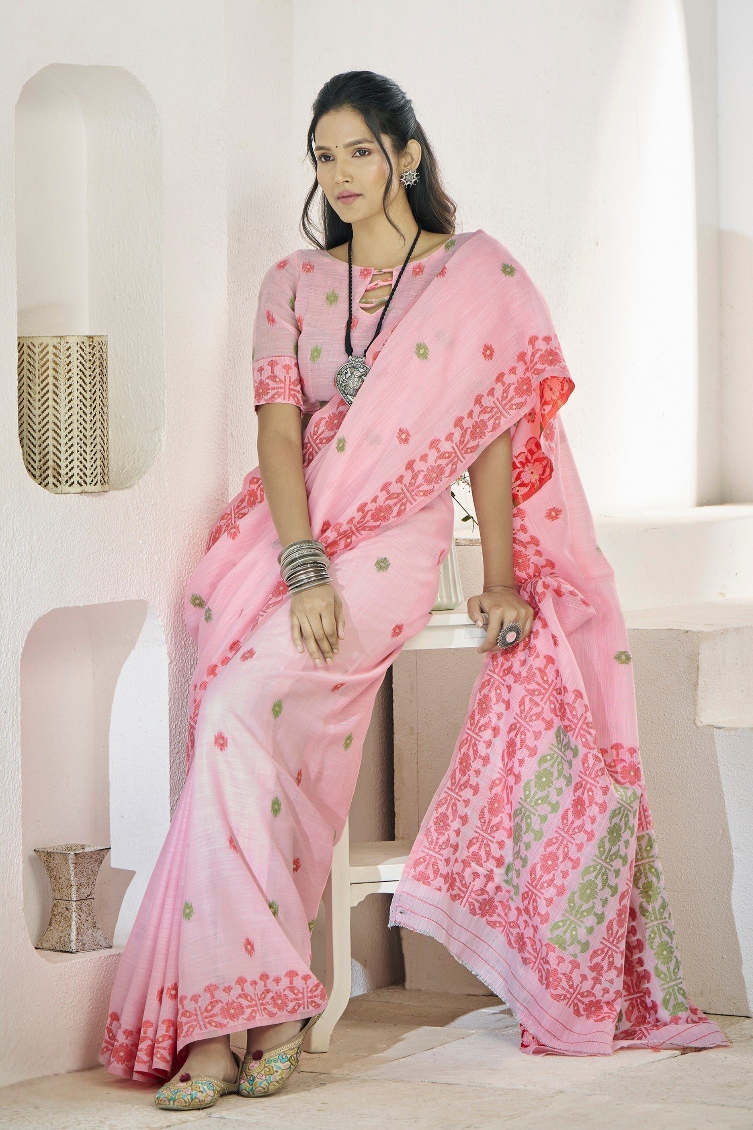 Beauty Bush Pink Woven Linen Saree