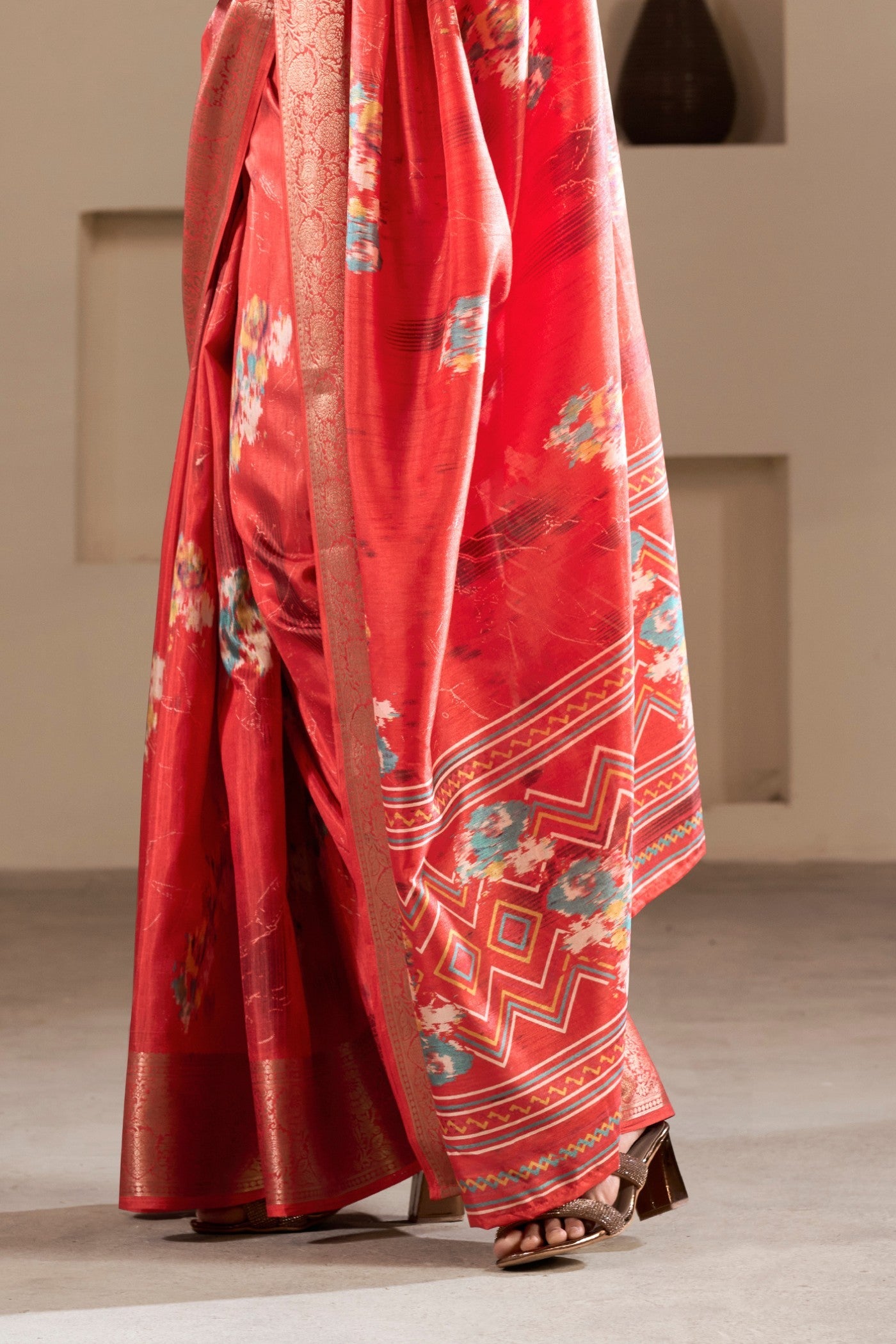 Tamrillo Red Printed Soft Dola Silk Saree