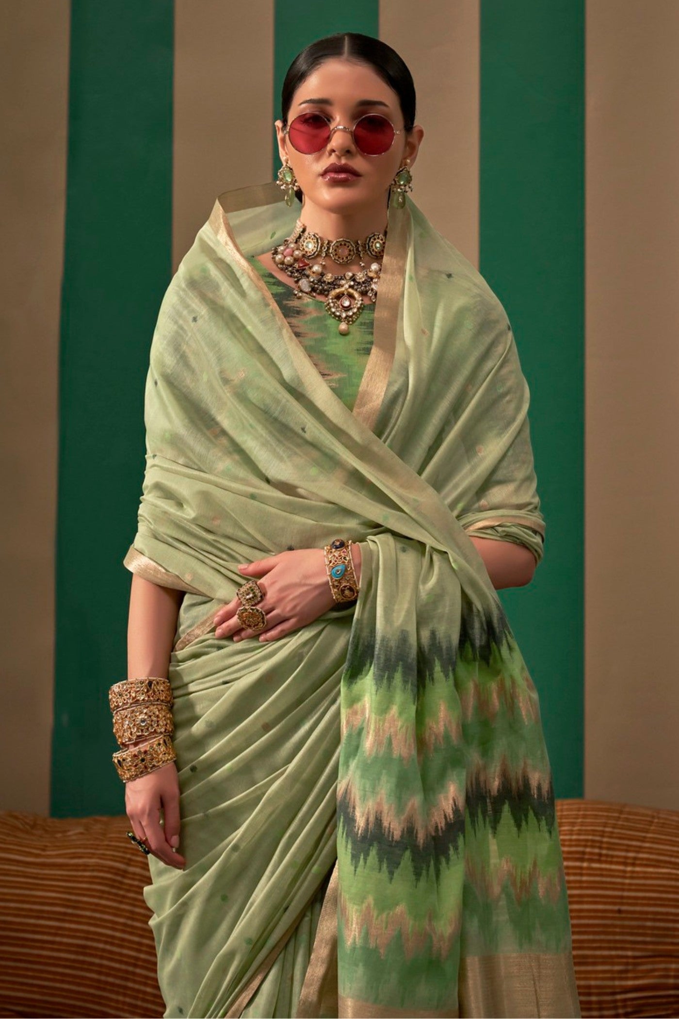 Green Smoke Handloom Linen Saree