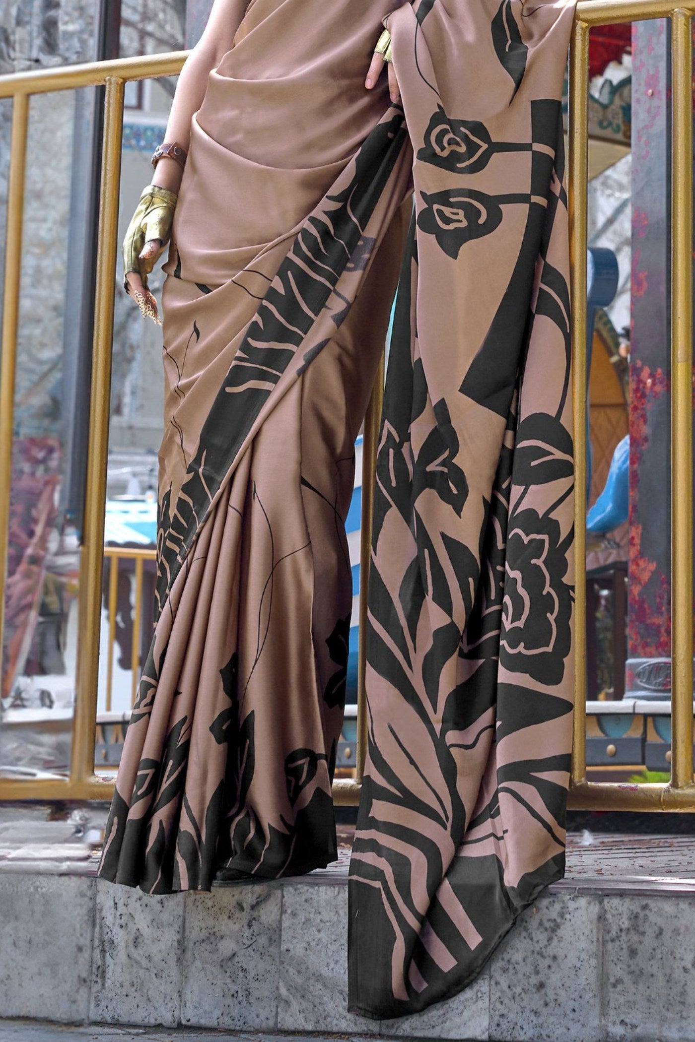 Hickory Brown Printed Satin Crepe Silk Saree