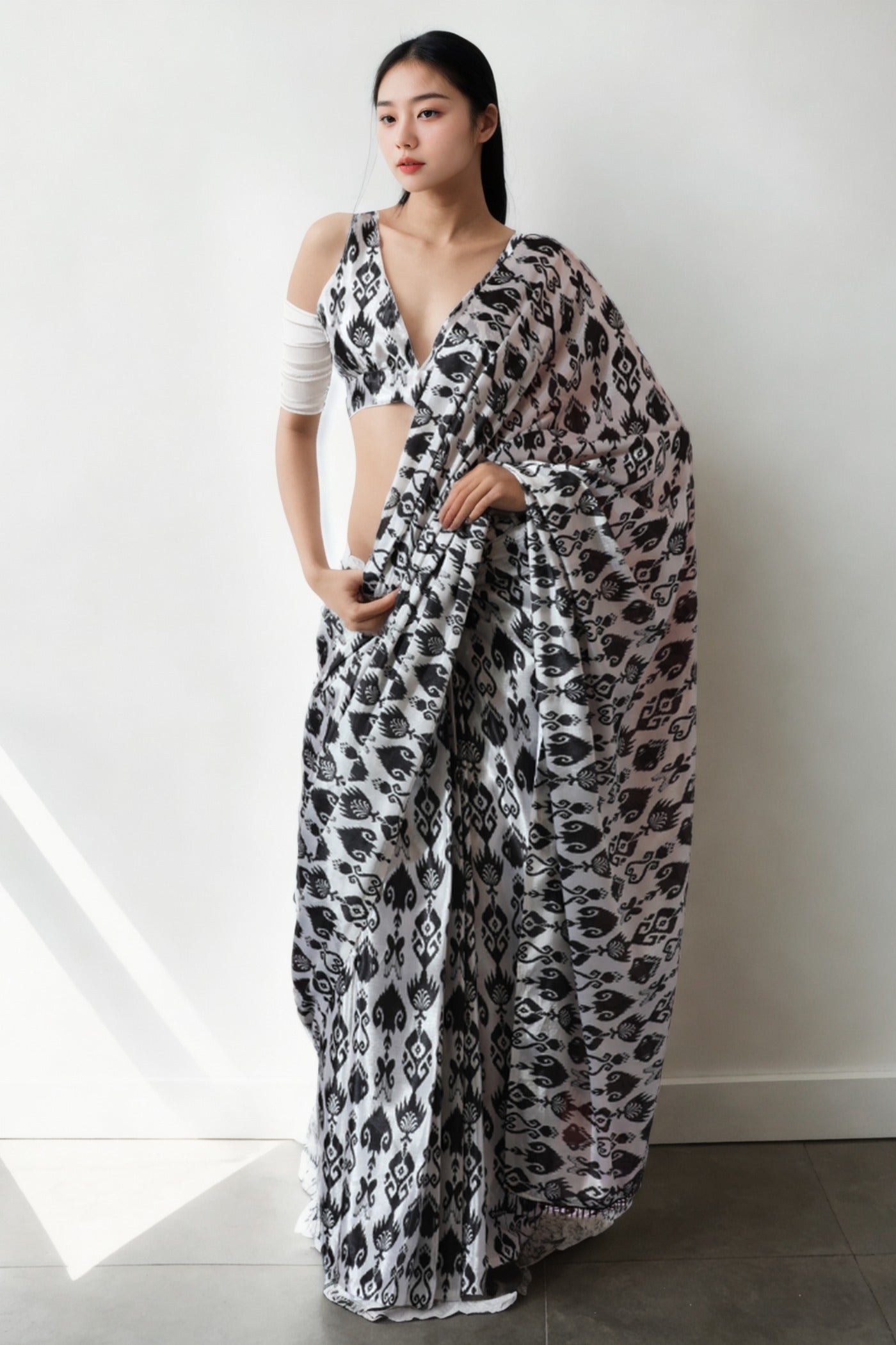 Pitch Black Chinon Digital Printed Ready To Wear Saree