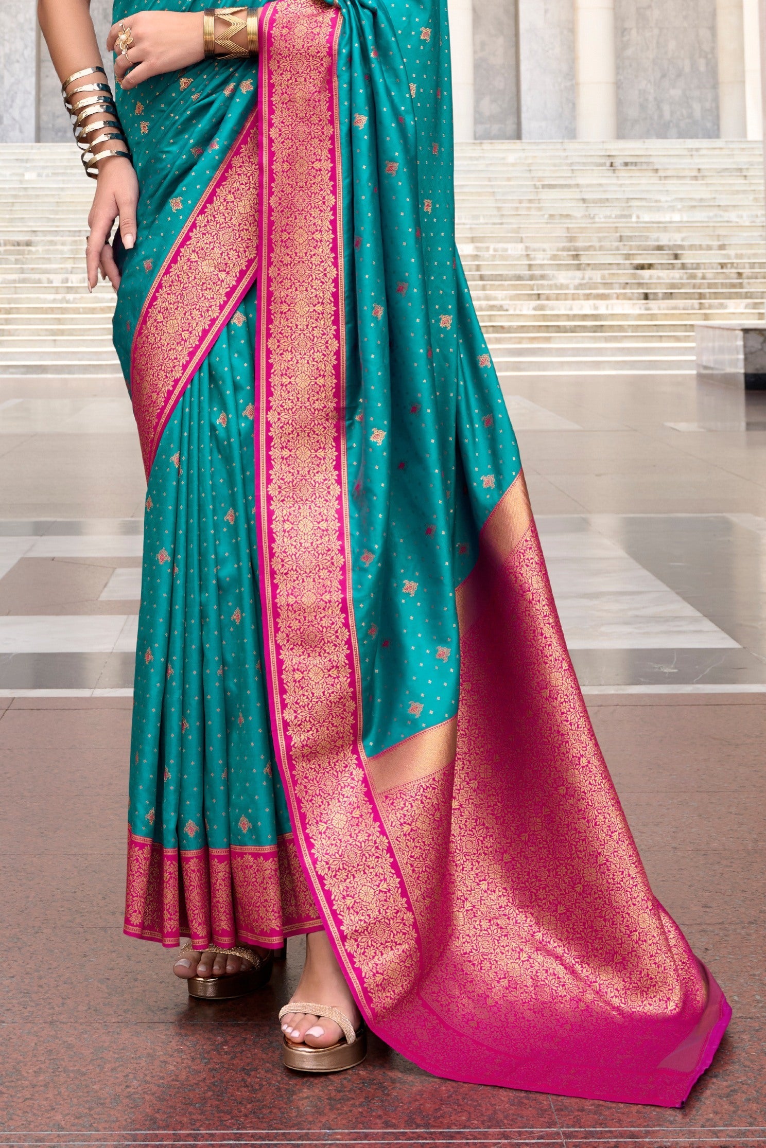 Deep Aqua Blue Zari Woven Banarasi Soft Silk Saree