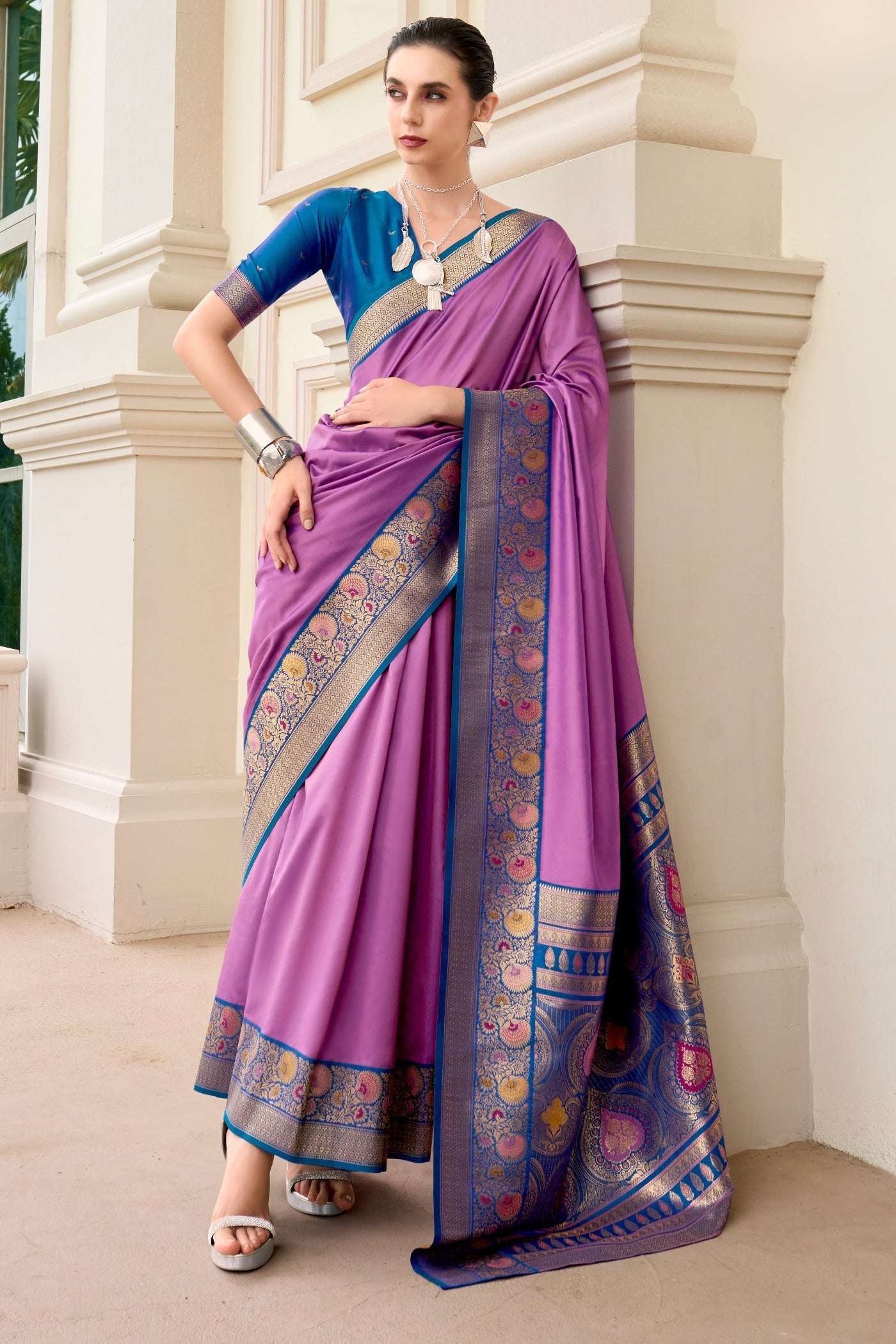 Hopbush Pink Woven Banarasi Soft Silk Saree