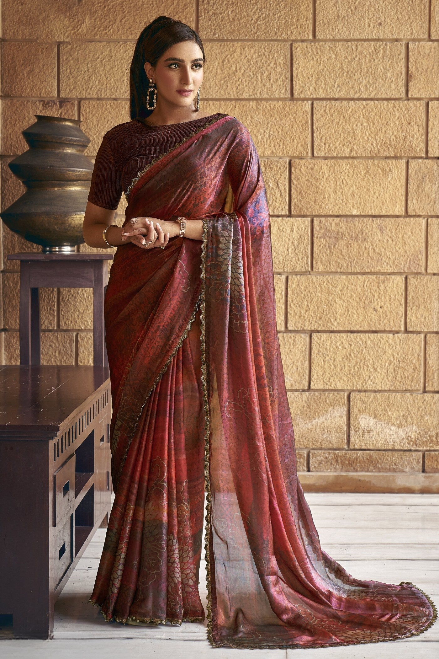 Ironstone Brown Satin Printed Silk Saree