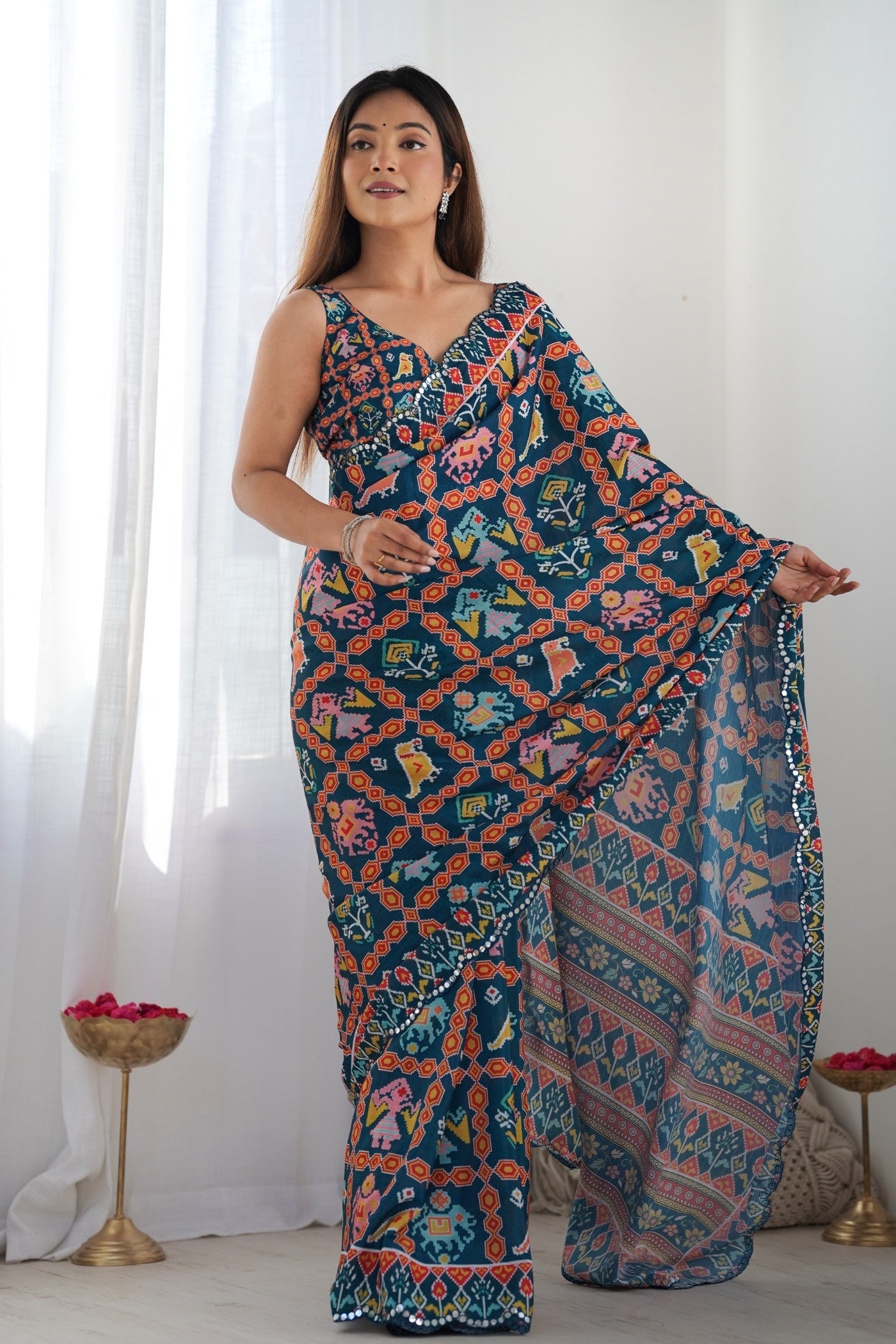 Azure Blue Digital Printed Chinon Saree