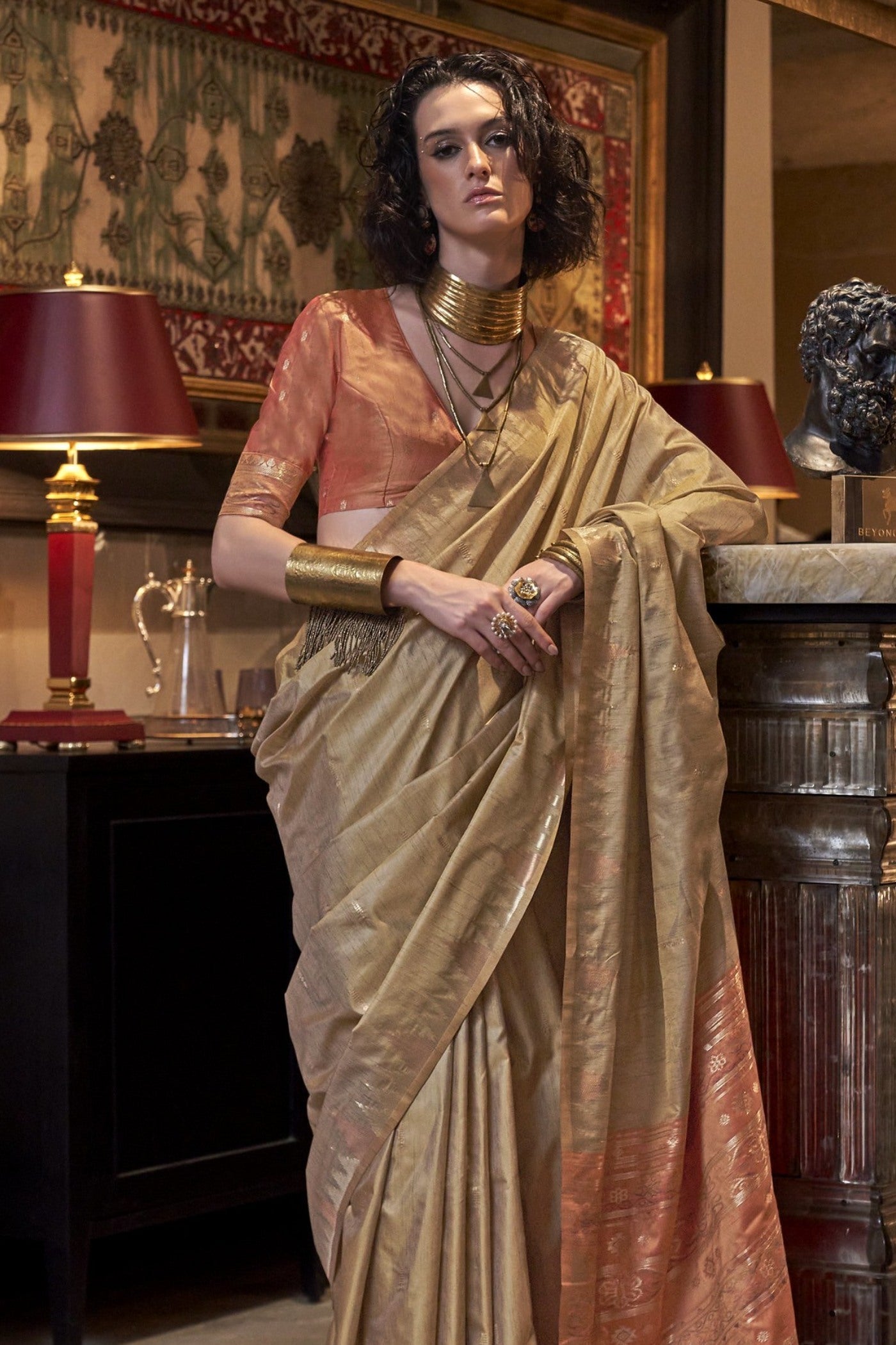 Dusty Brown Woven Linen Saree