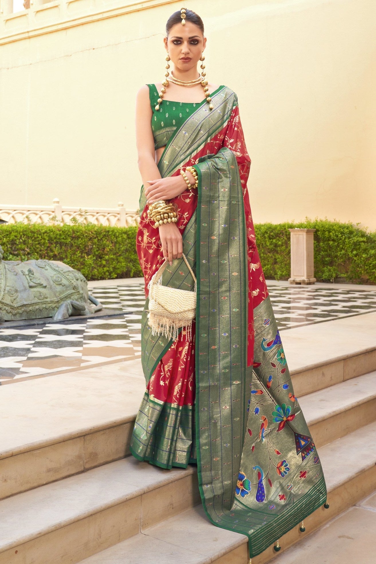 Fire Red and Green Woven Paithani Designer Saree