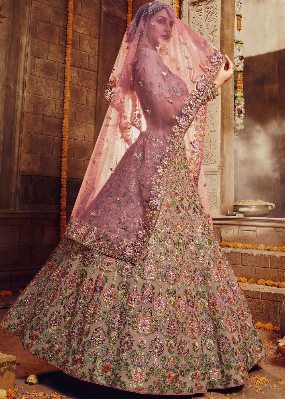 Oriental Pink Georgette Bridal Lehenga Choli