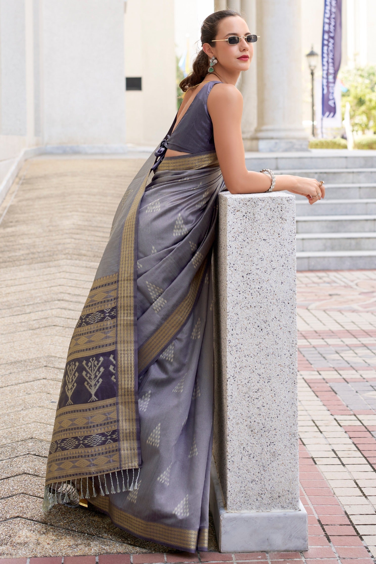 Boulder Grey Ikkat Woven Banarasi Saree