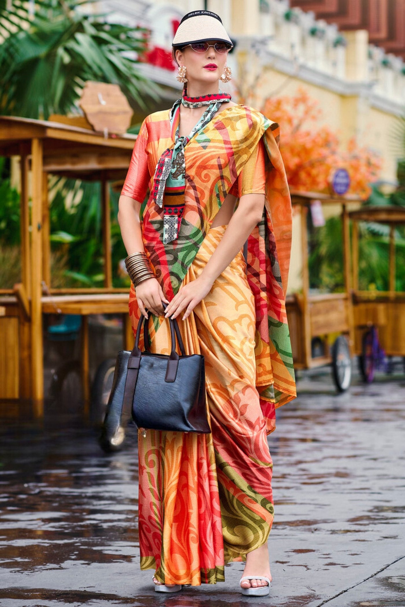 Terracotta Orange Printed Satin Crepe Silk Saree