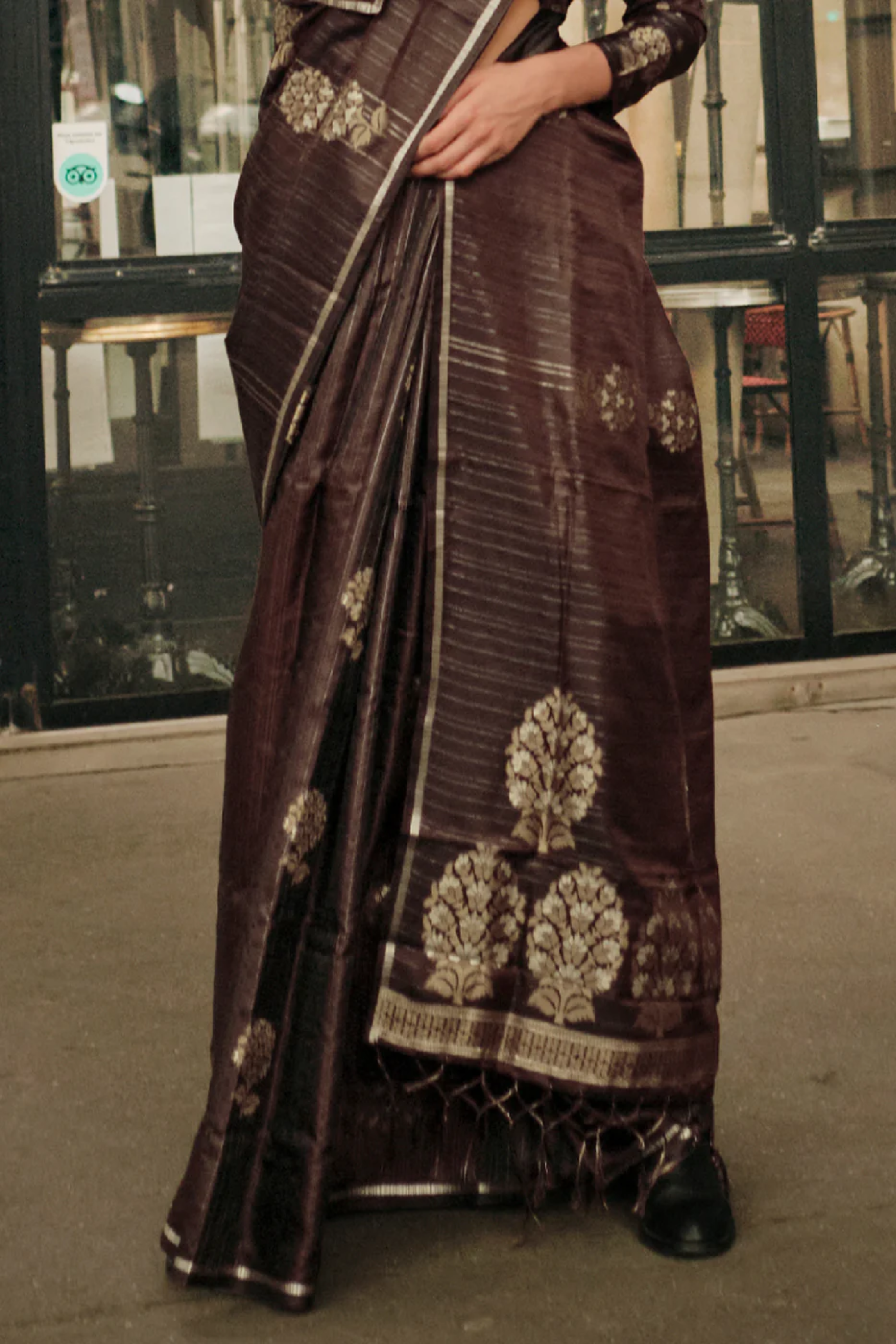 English Walnut Brown Woven Banarasi Satin Silk Saree