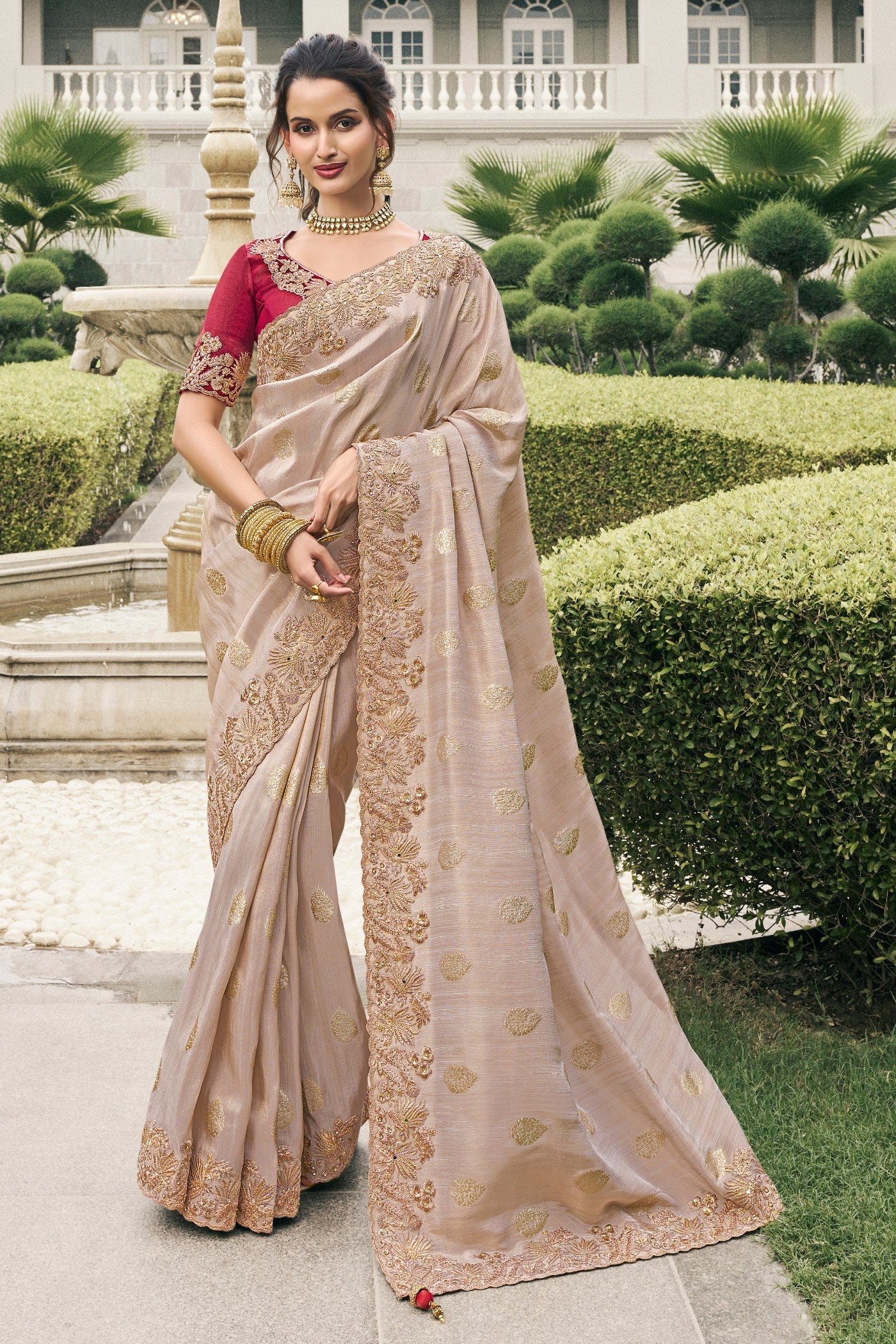 Eunry Pink Banarasi Designer Embroidered Saree