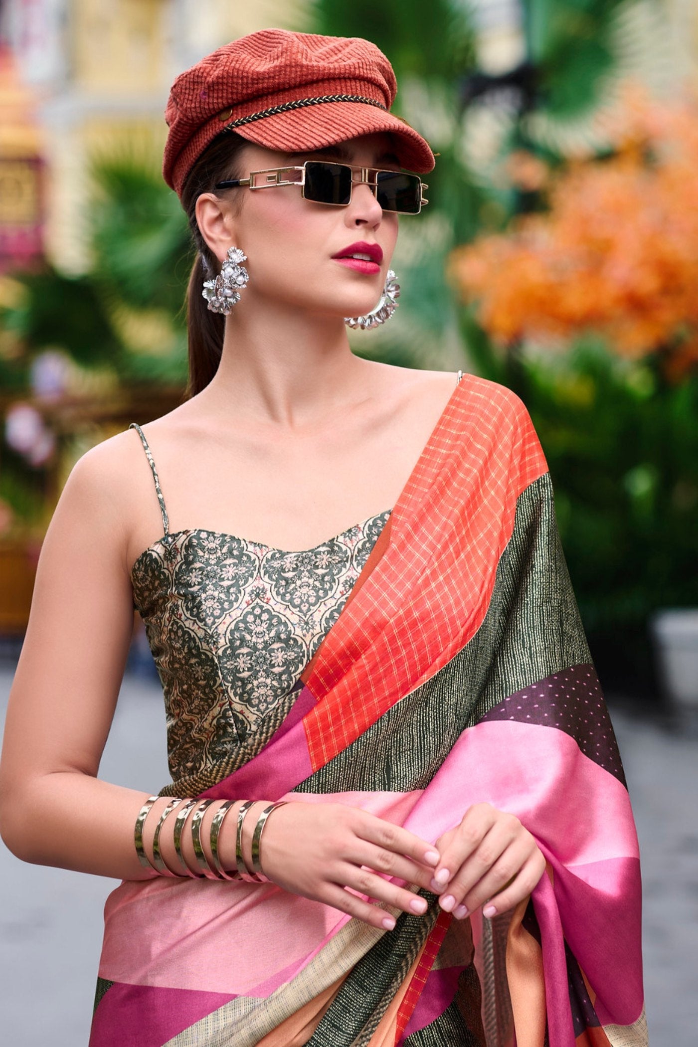 Green Multicolor Printed Satin Crepe Silk Saree