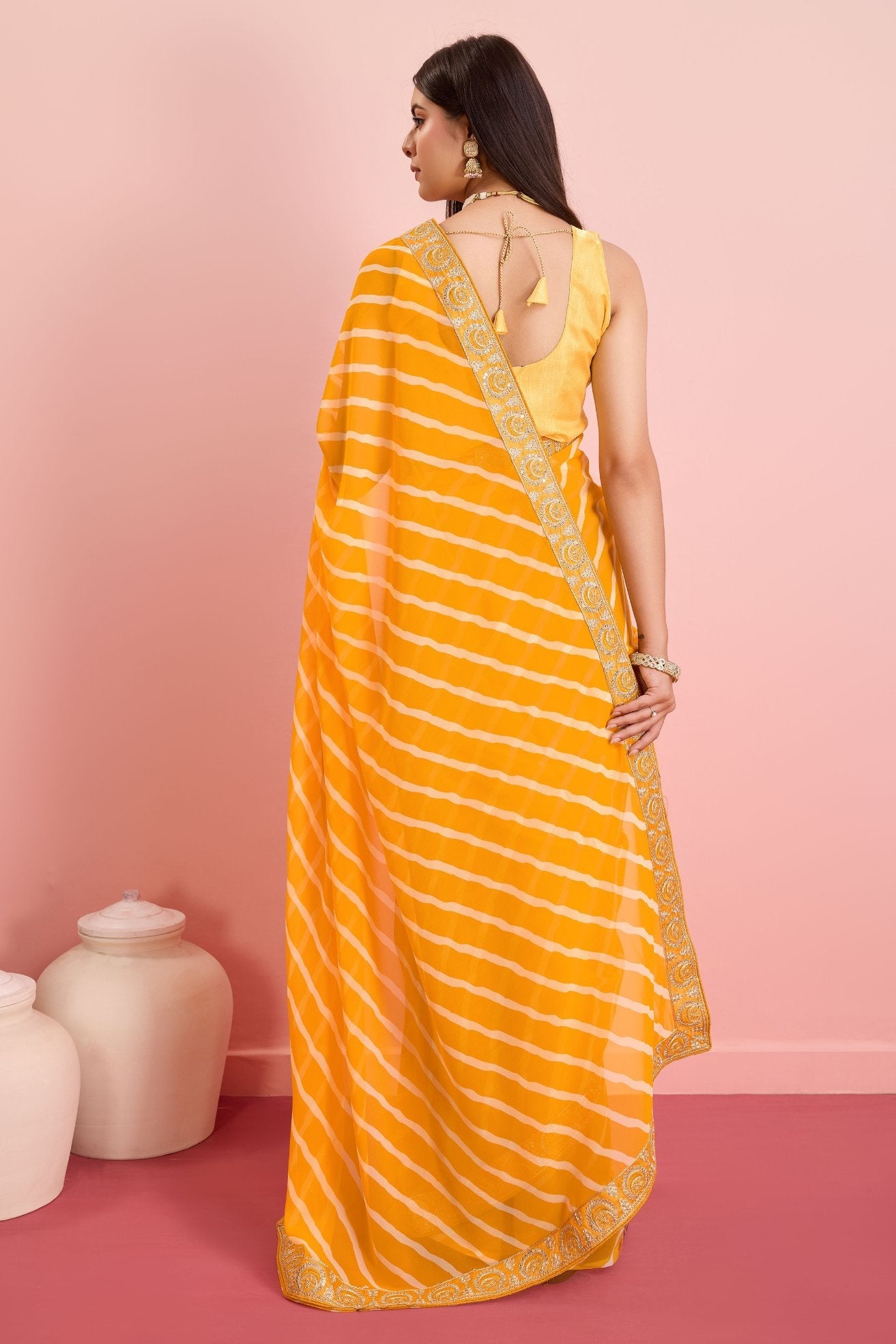 Picasso Yellow Georgette Lehriya Silk saree