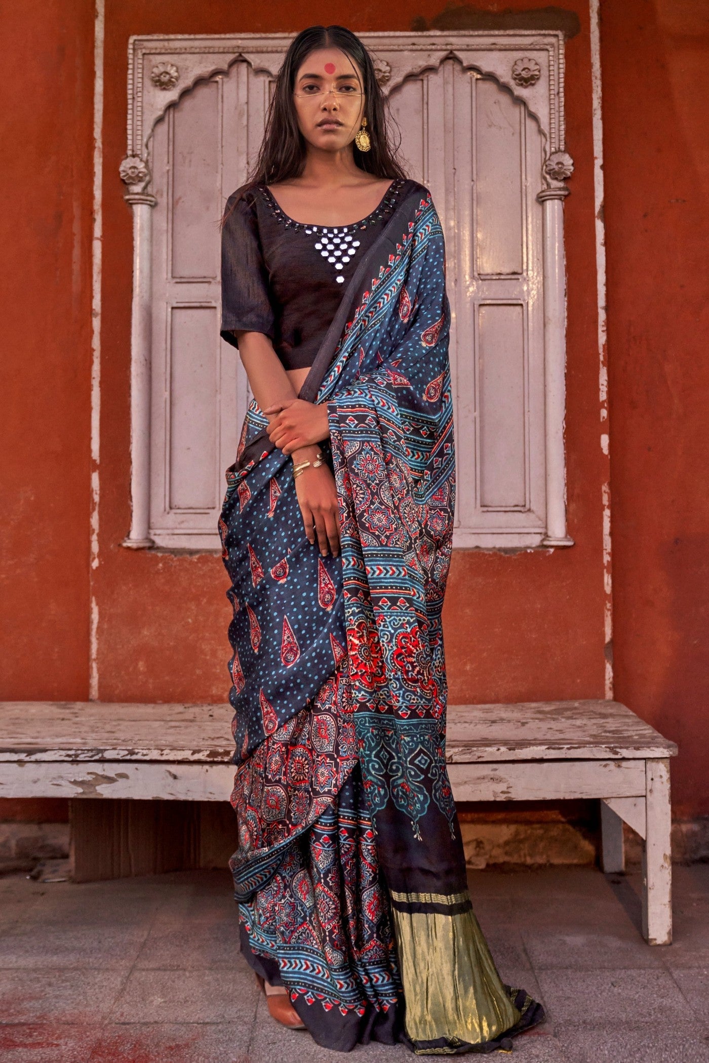 Neon Blue Ajrakh Handprinted Satin Saree