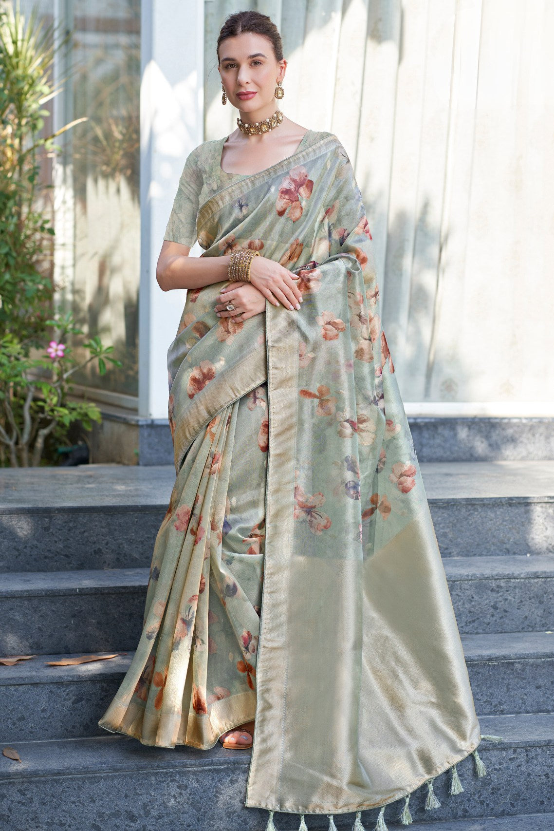 Pumice Grey Digital Printed Organza Saree