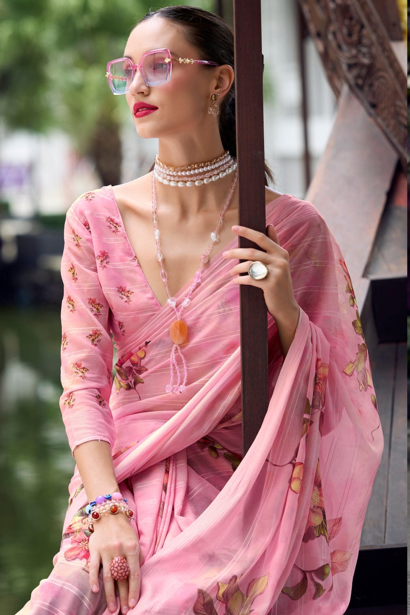 Rose Pink Chiffon Silk Saree