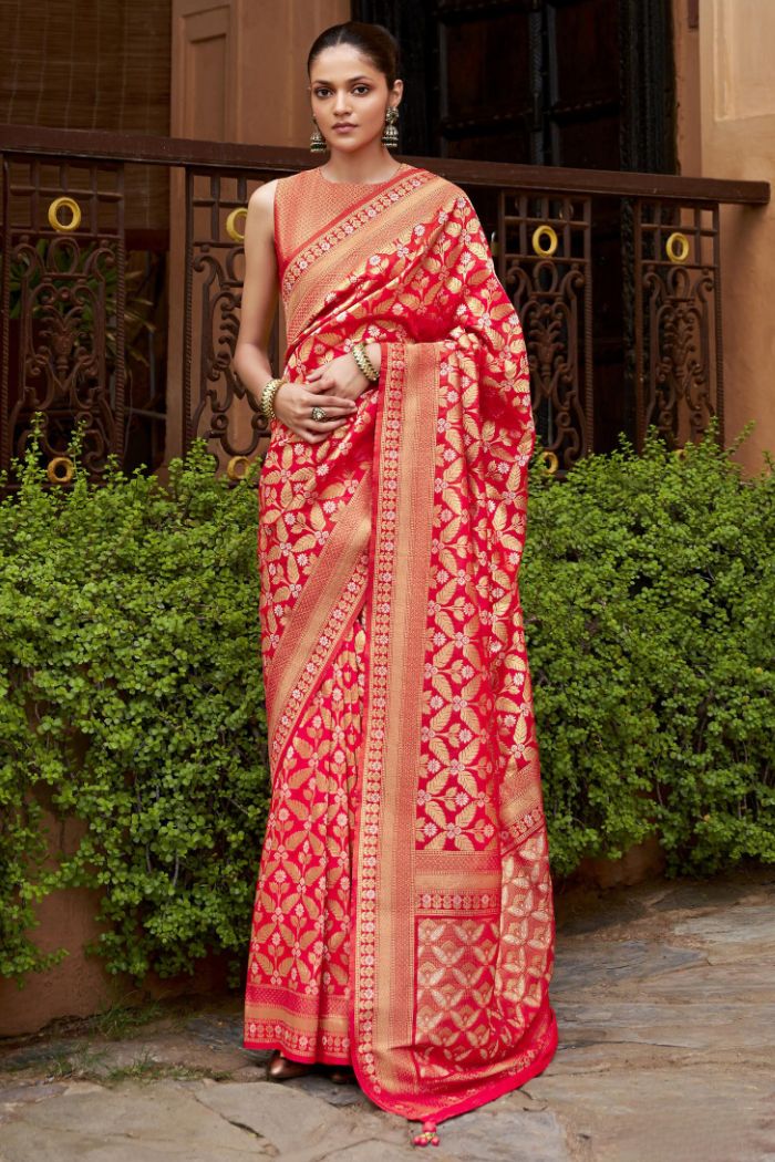 Rose Red Woven Banarasi Saree