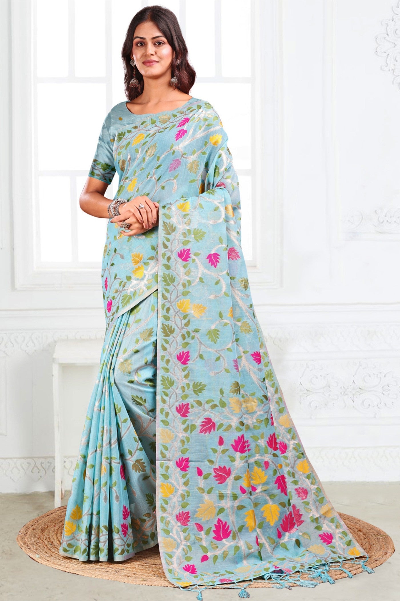Cloudy Blue Woven Linen Cotton Saree