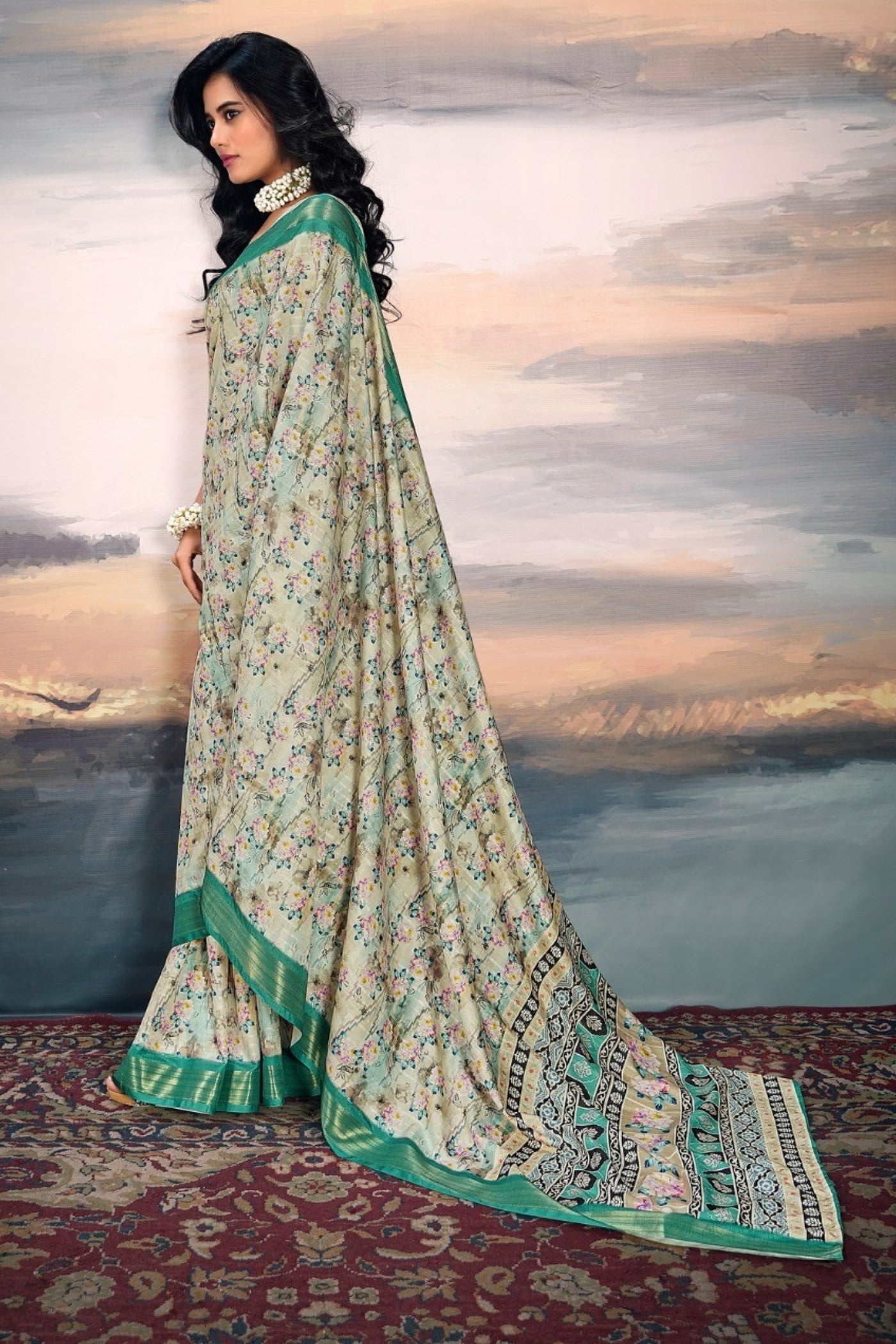 Pale Oyster Green Digital Printed Cotton Saree