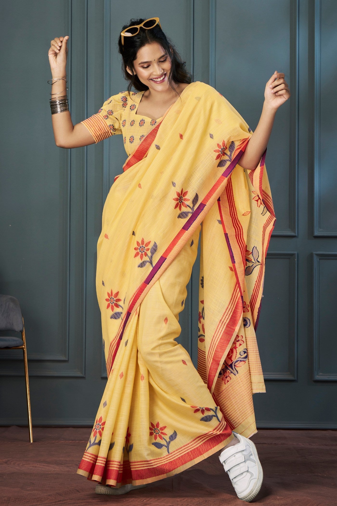 Sunset Pearl Yellow Handloom Linen Saree