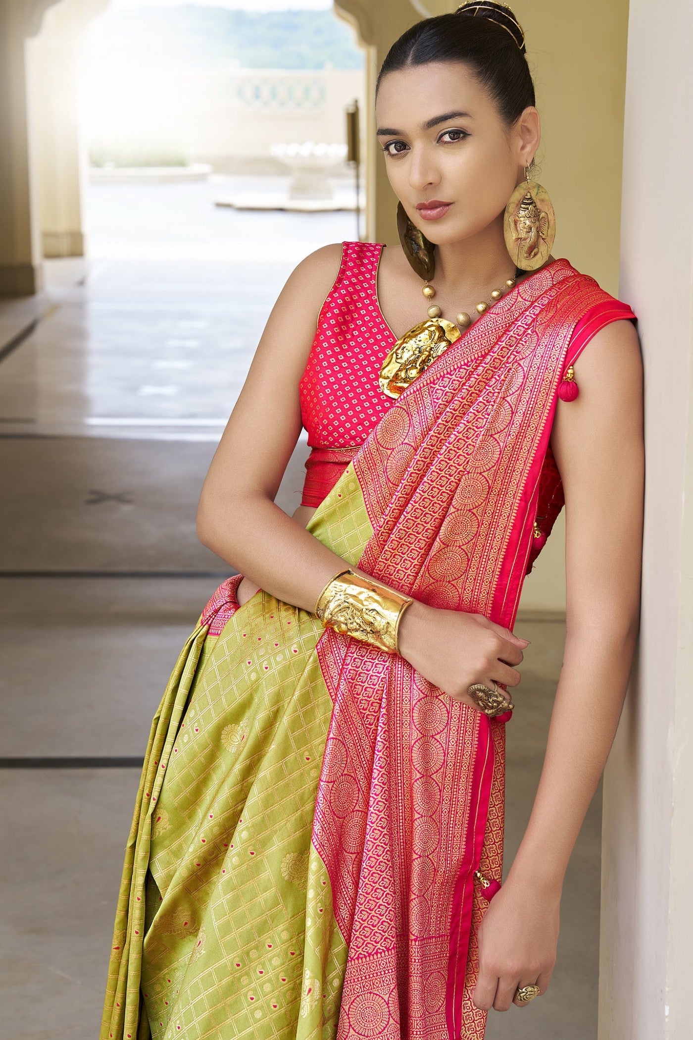 Straw Green Woven Kanjivaram Saree