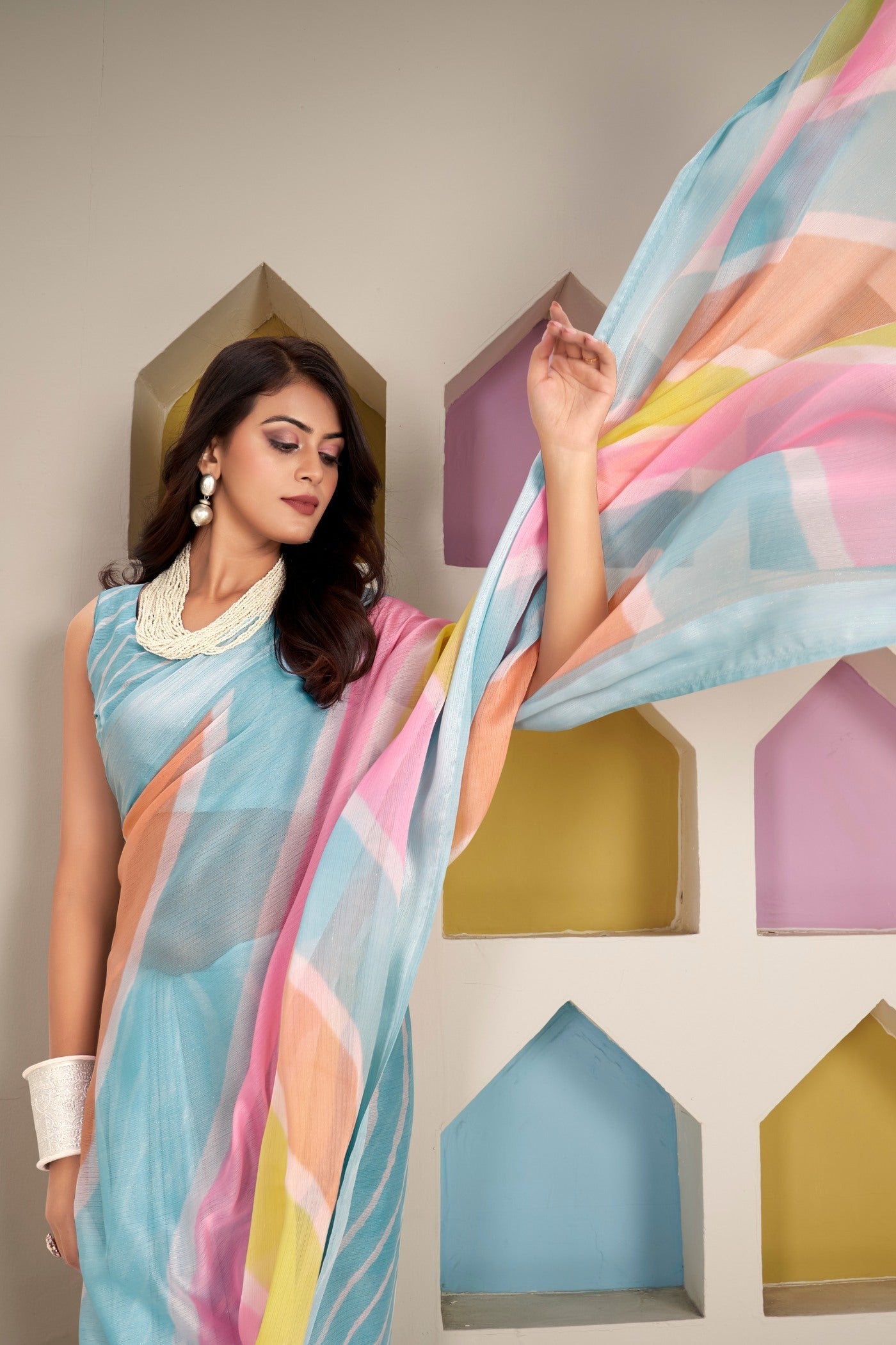 Whale Blue Printed Satin Silk Saree