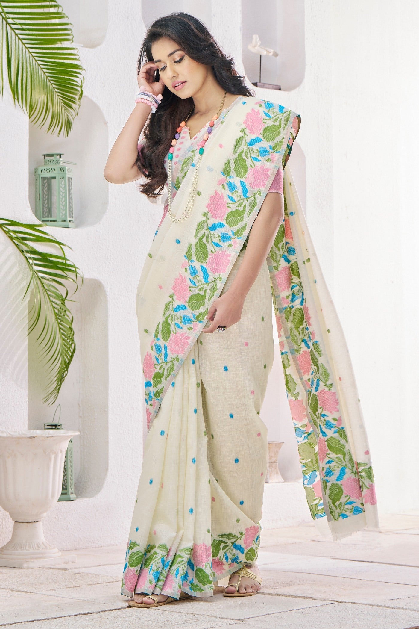 Sisal White Printed Linen Saree