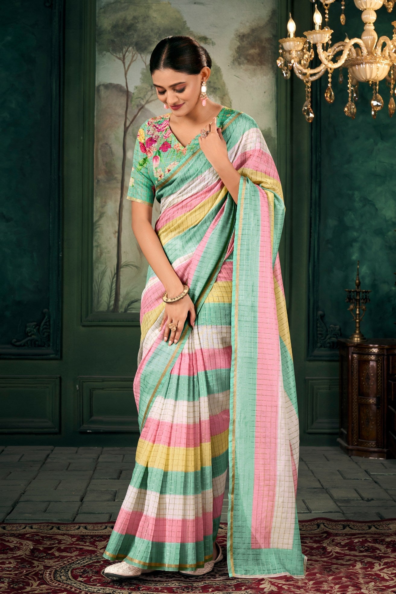 Shadow Green Chanderi Linen Saree