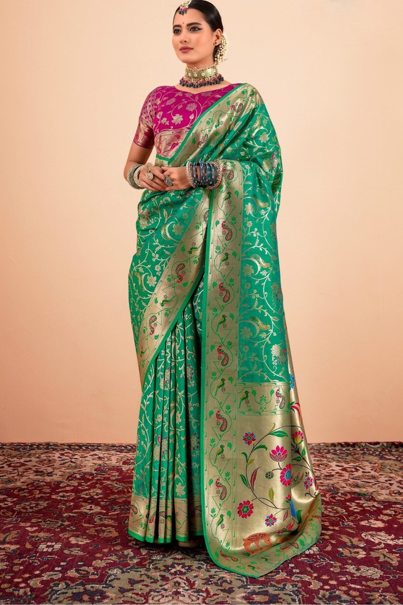 Lincoln Green Woven Paithani Saree